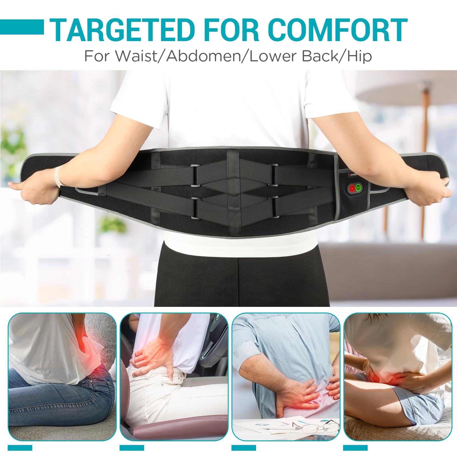 Comfytemp portable lower back massager being worn on the abdomen to soothe menstrual cramps.