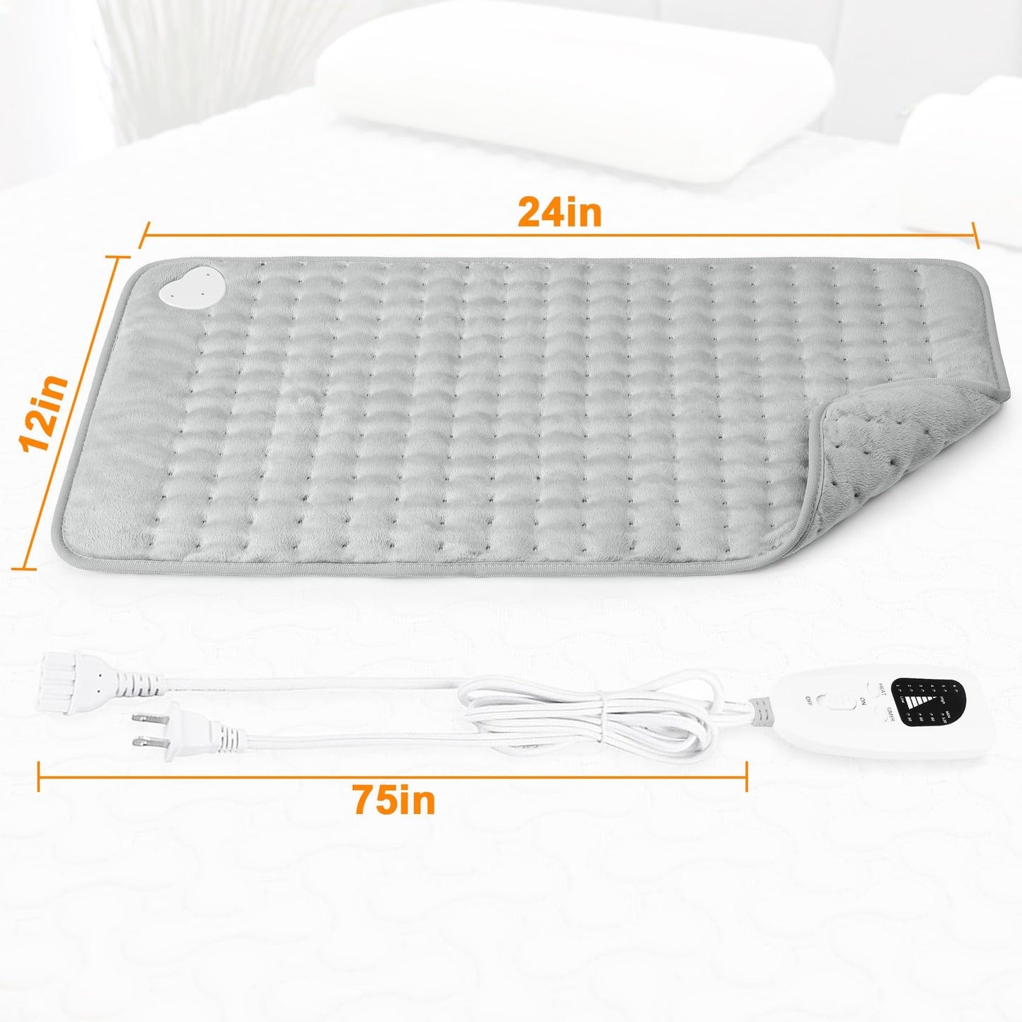 Deepsoon heating pad folded neatly alongside its detached power cord and user manual.