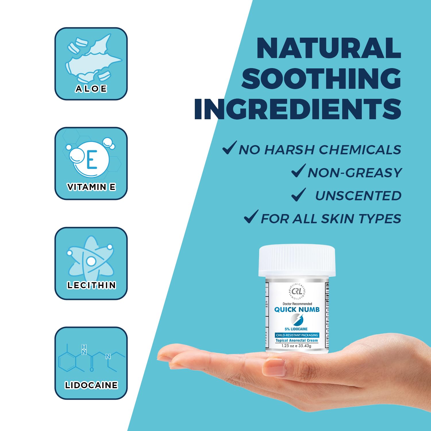 Side view of Clinical Resolution lidocaine numbing cream showing ingredient list and usage instructions