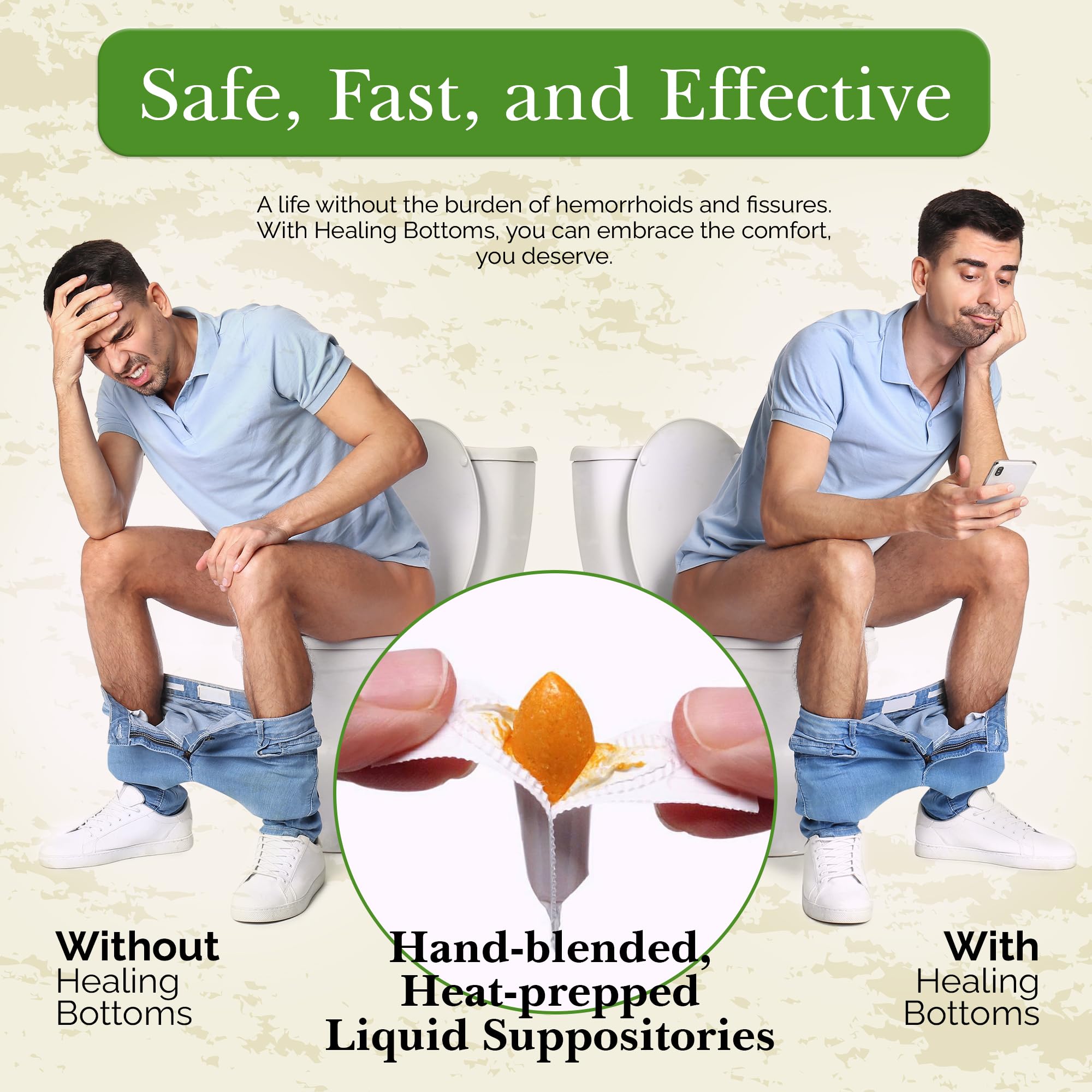 Healing Bottoms turmeric extract suppository packaging highlighting safe anti inflammatory benefits