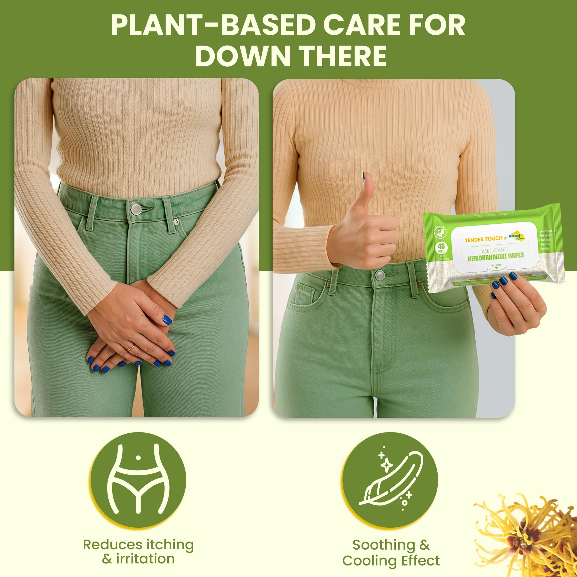 Flushable medicated wipes with witch hazel and aloe for sensitive skin
