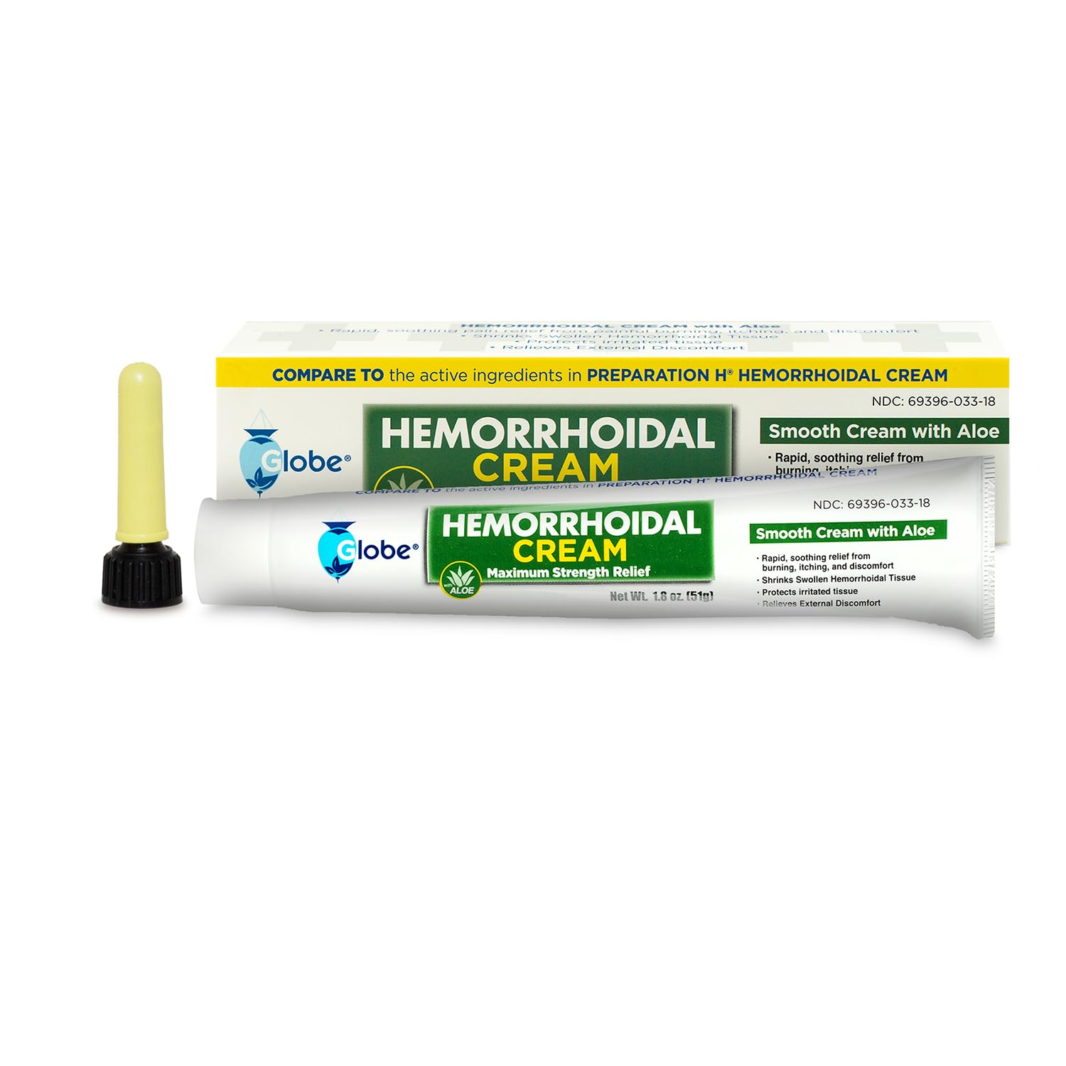 Globe fast acting numbing cream for hemorrhoids showing the protective seal and applicator nozzle.