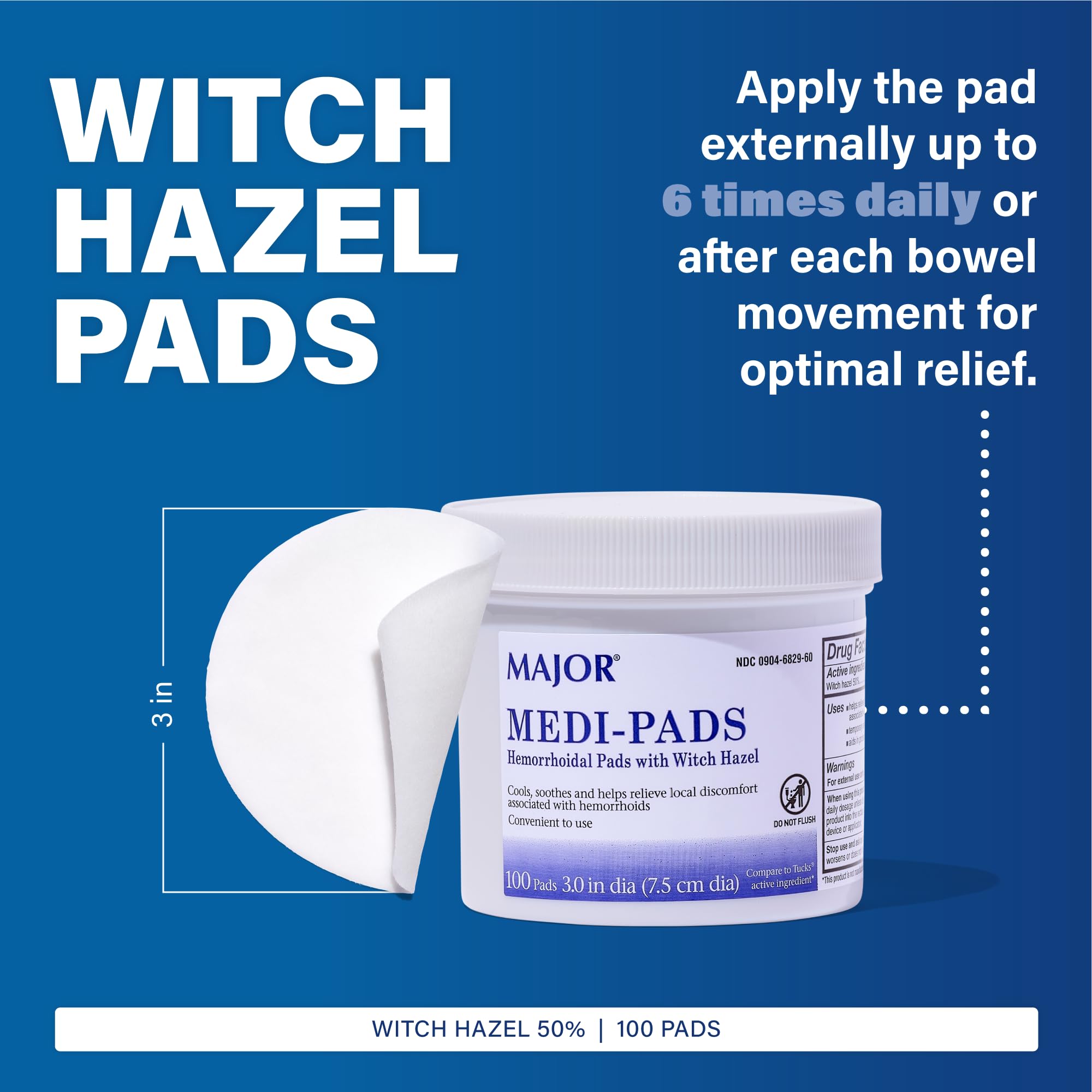 MAJOR witch hazel cleansing pads container highlighting the aloe vera formulation for hemorrhoid care.