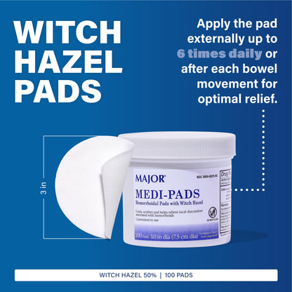 MAJOR witch hazel cleansing pads container highlighting the aloe vera formulation for hemorrhoid care.