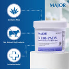Back label of MAJOR Medi-Pads showing active ingredients including fifty percent witch hazel and glycerin.