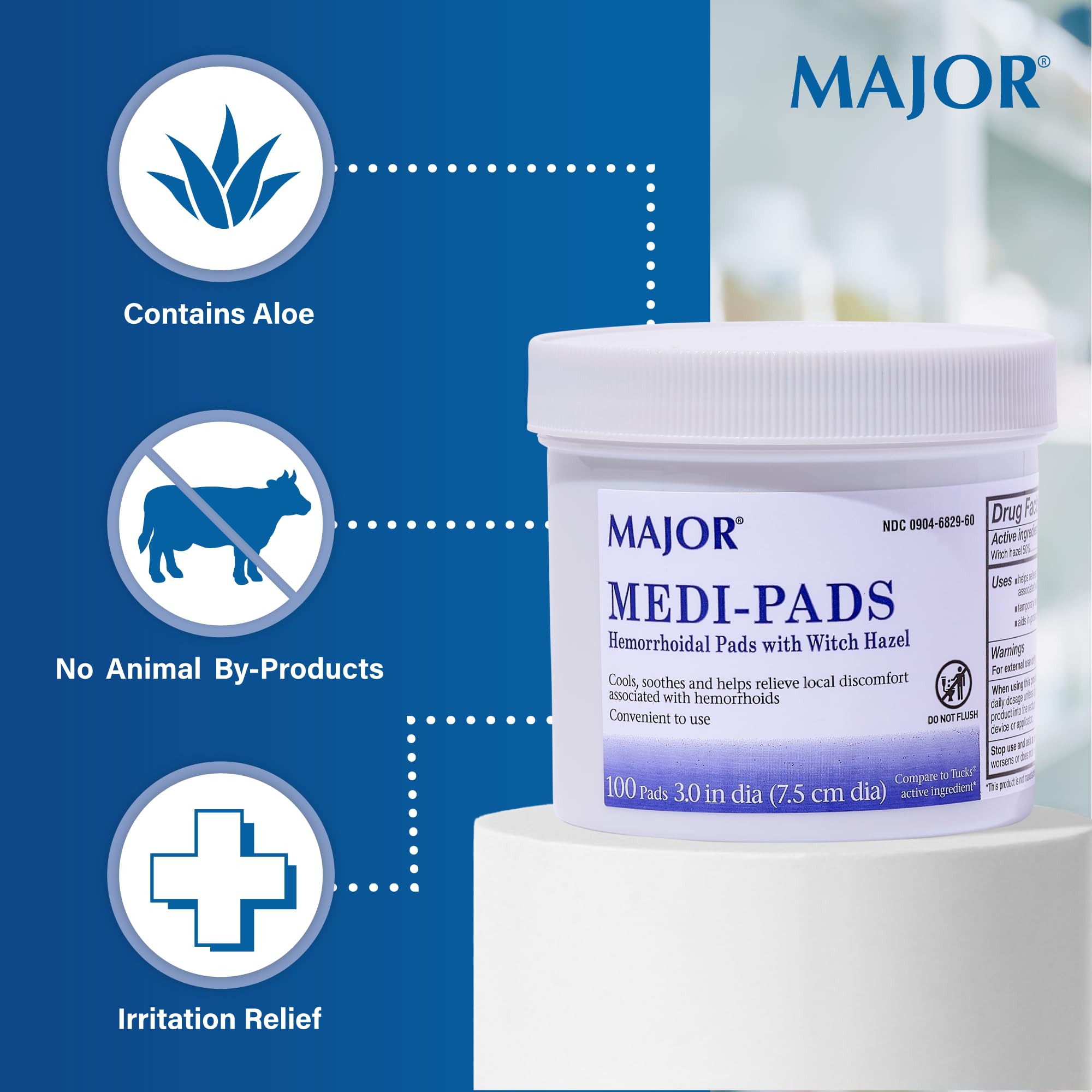 Back label of MAJOR Medi-Pads showing active ingredients including fifty percent witch hazel and glycerin.