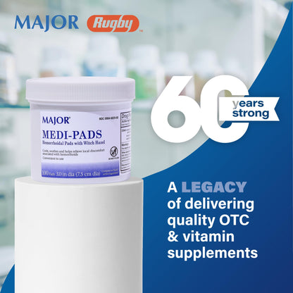 Authentic MAJOR hemorrhoidal pads package displaying usage directions and product specifications.