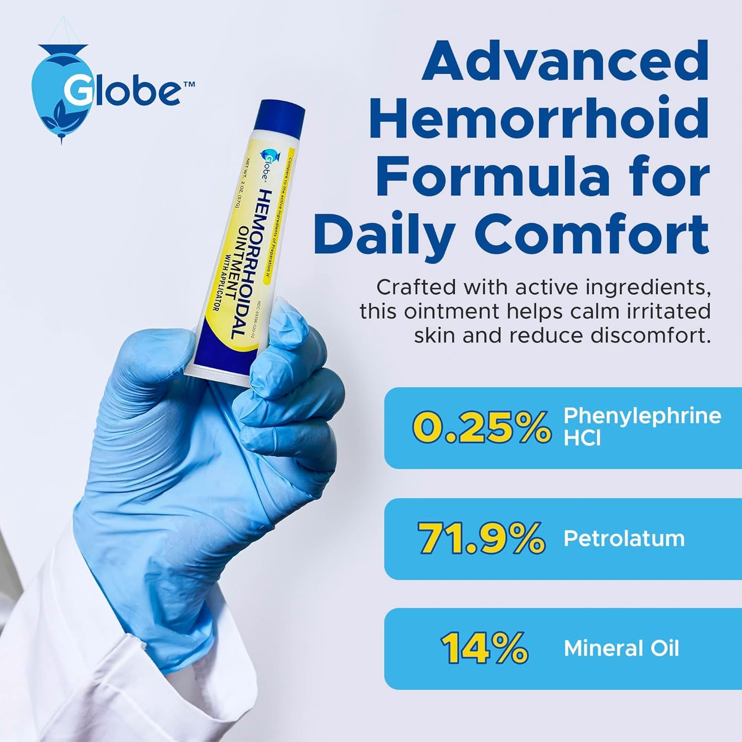 Back label of Globe hemorrhoid care ointment detailing active ingredients like Phenylephrine HCl and Petrolatum.