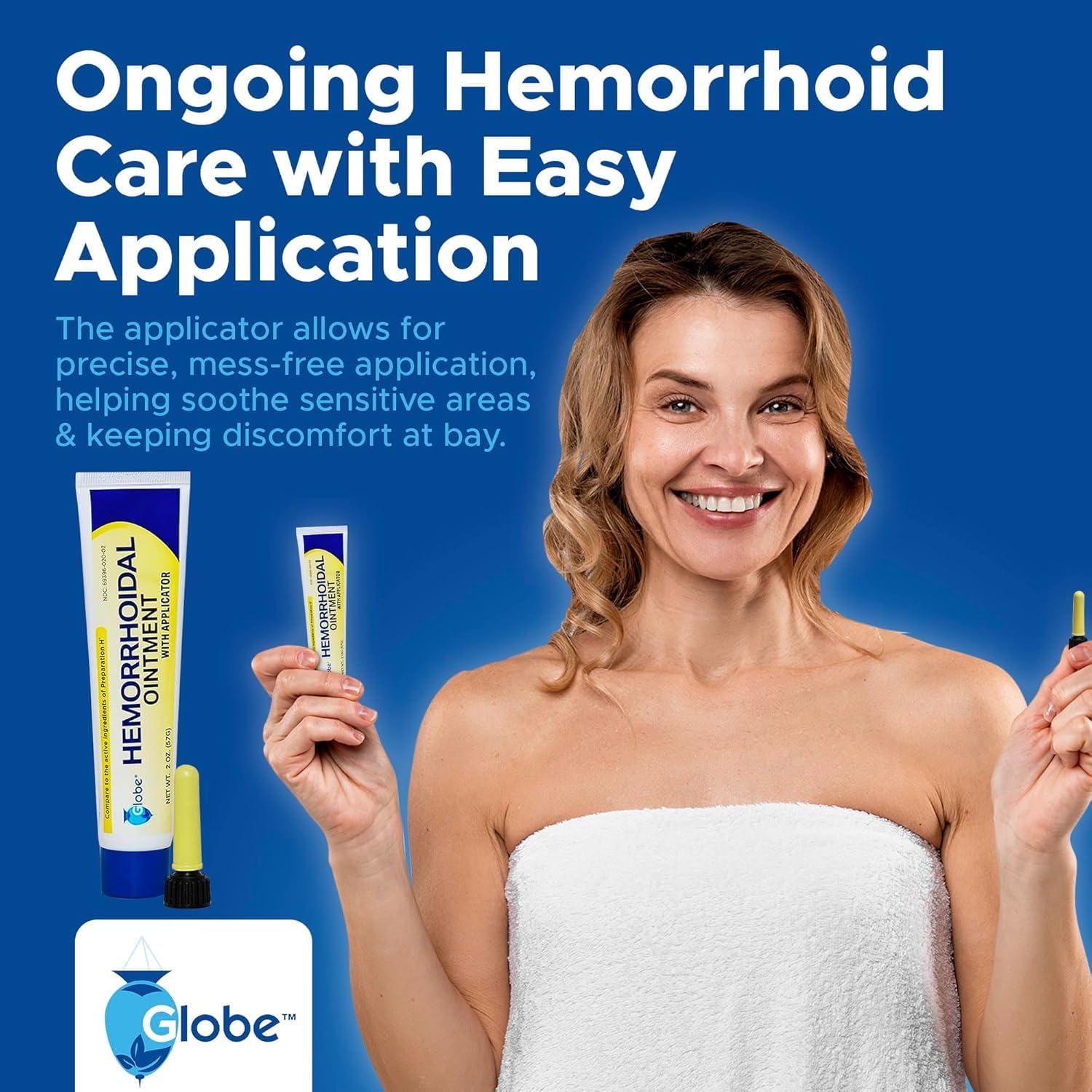 Globe pile relief ointment tube displayed alongside its included applicator for internal symptom management.
