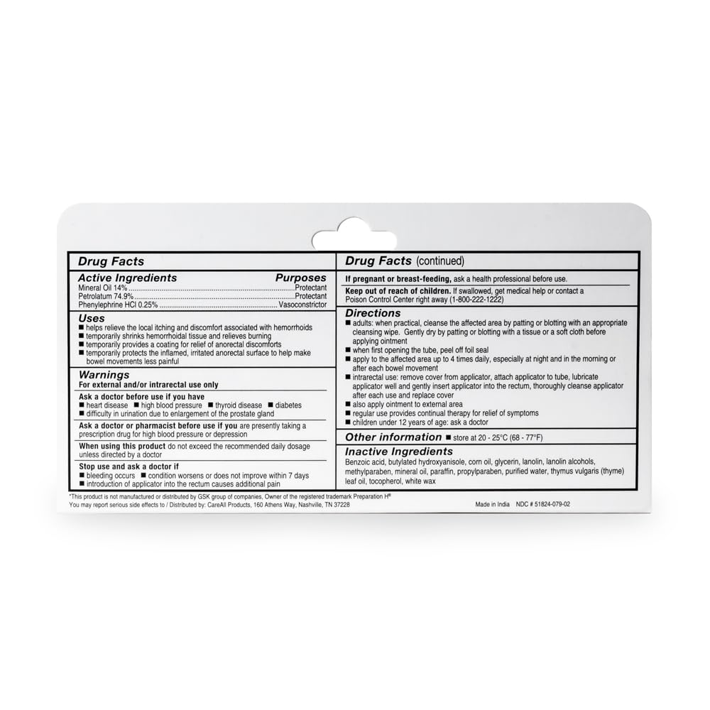 Close up of the back label of CareAll pile relief tube detailing drug facts and protectant ingredients