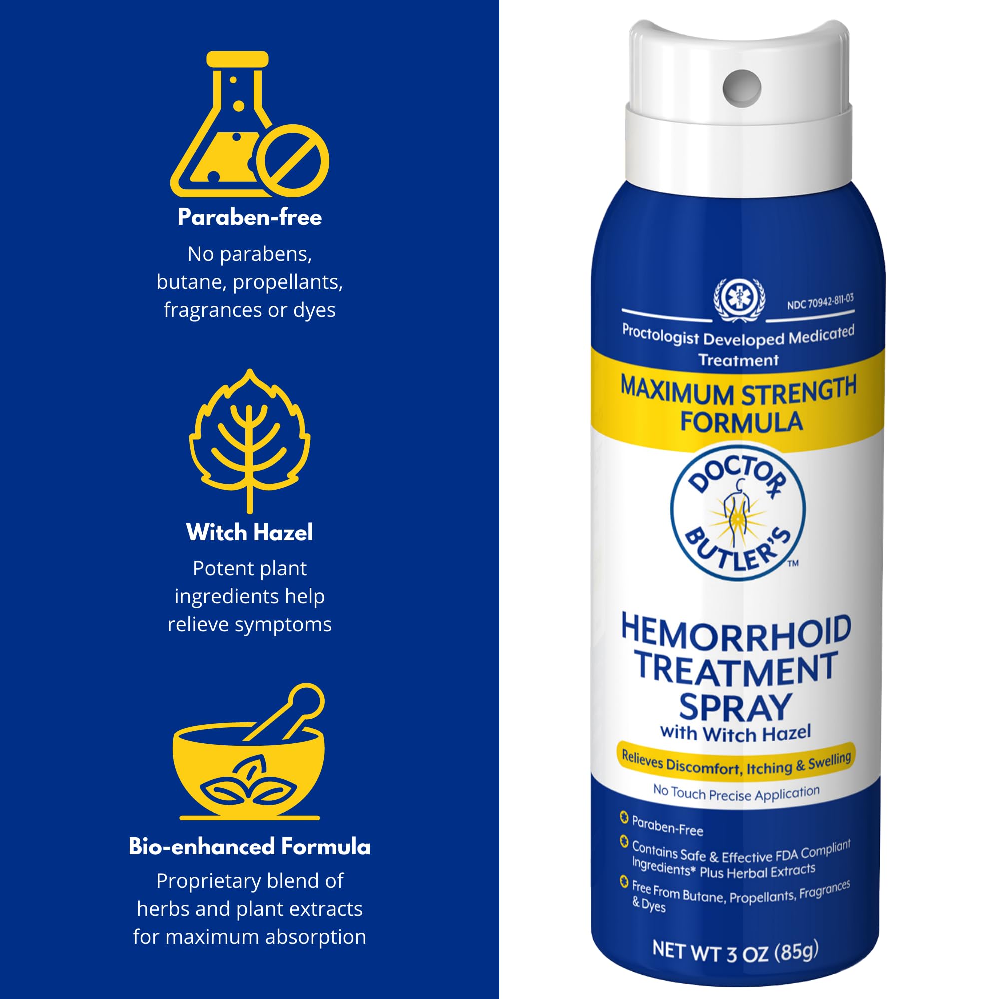 Doctor Butler's Hemorrhoid Treatment continuous spray nozzle mechanism for touch-free application