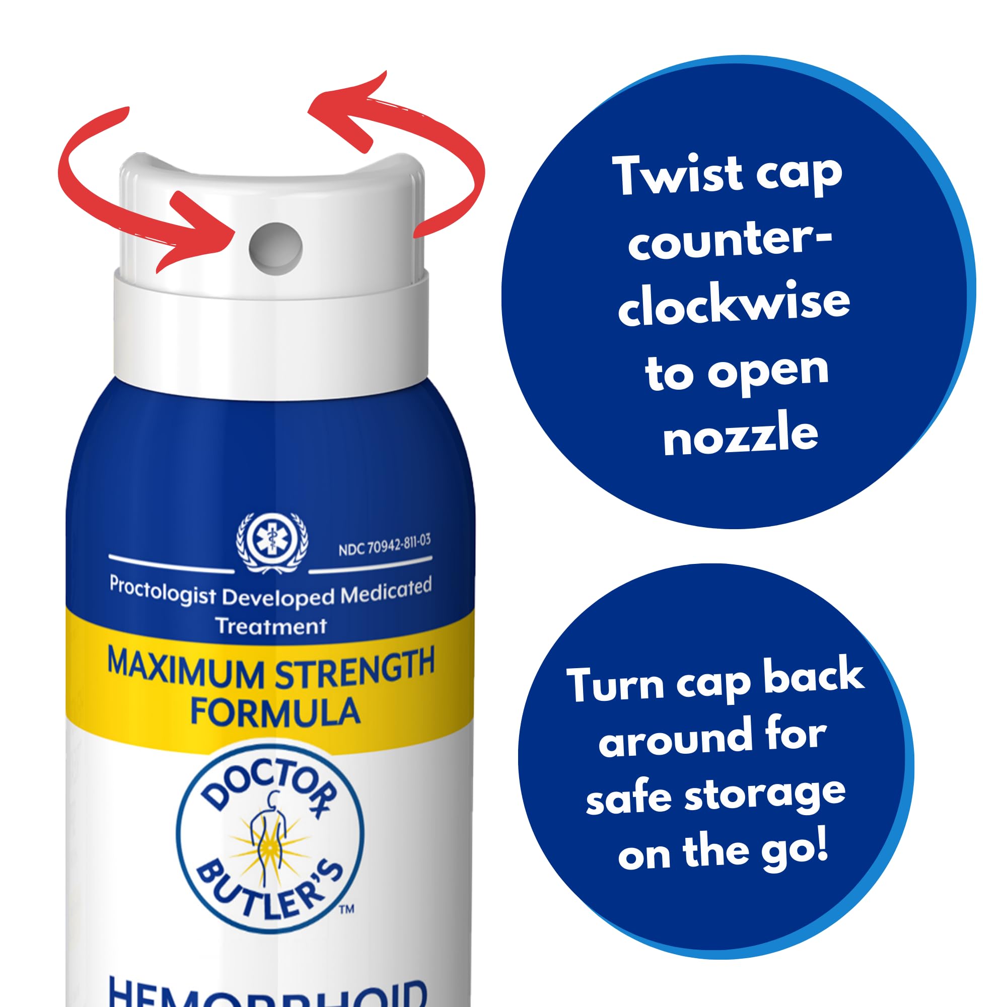 Doctor Butler's Hemorrhoid Treatment bottle demonstrating the portable 3 ounce size for travel