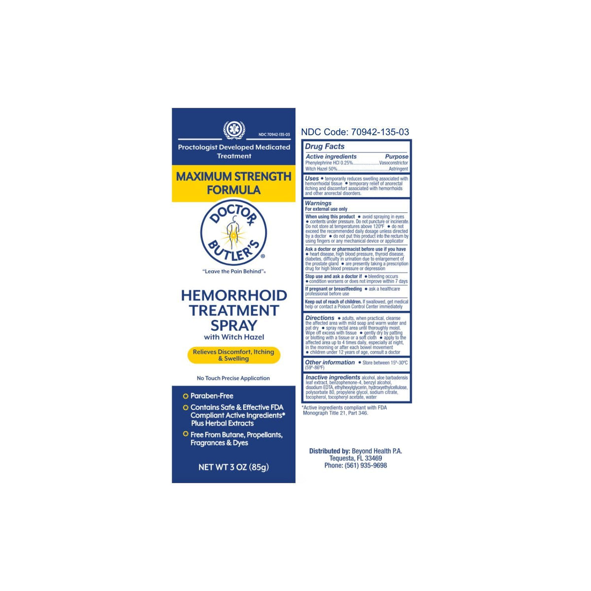Doctor Butler's Medicated Cleansing Spray highlighting the proctologist-developed formula certification