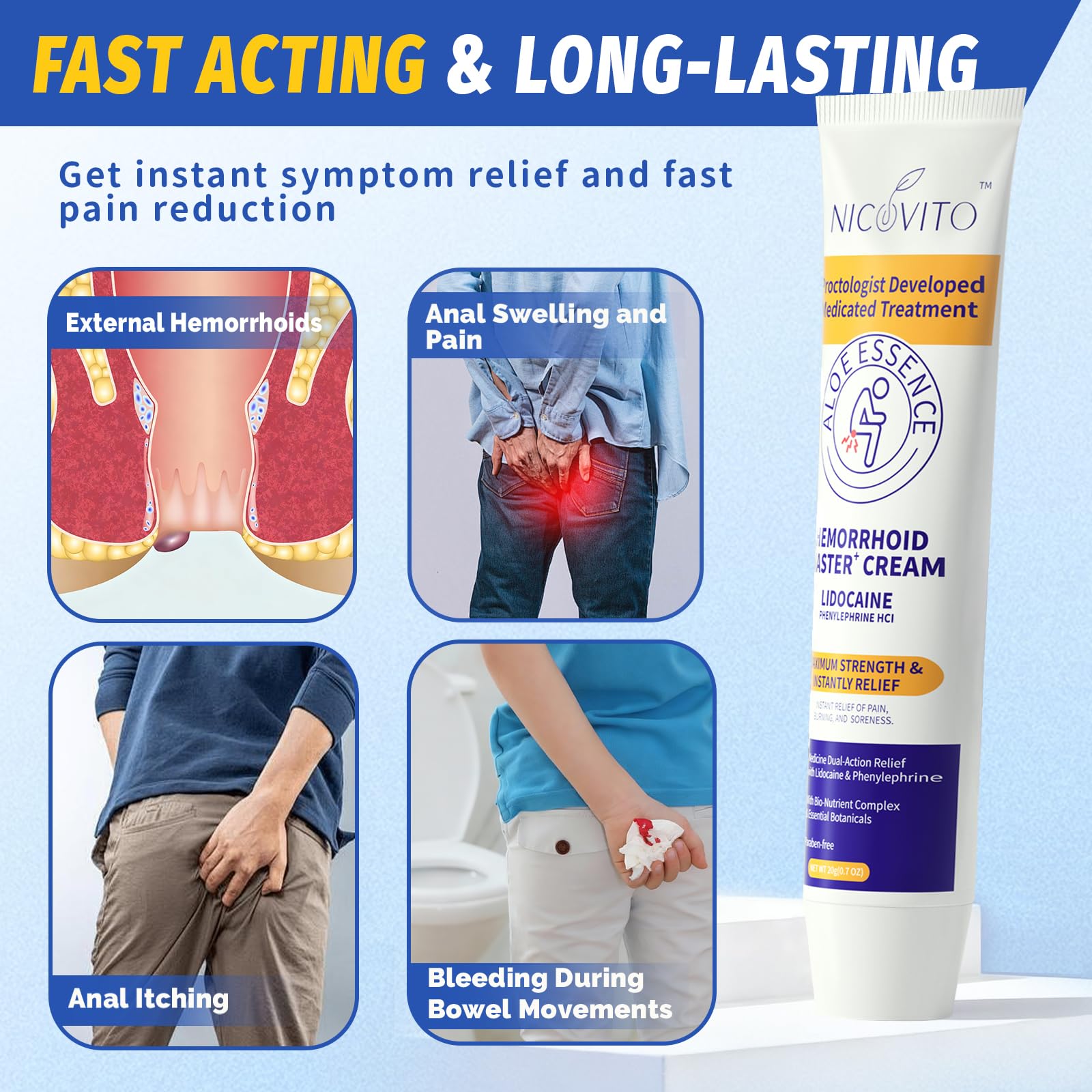 NICOVITO anal fissure treatment ointment showcasing the included targeted application tip.