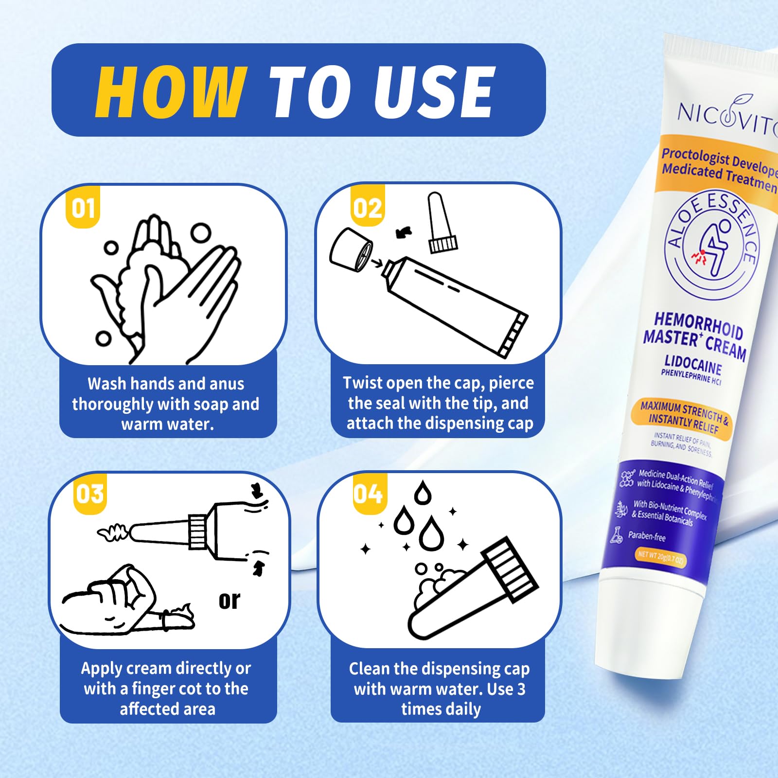 Authentic NICOVITO proctologist developed formula tube showing paraben free skin soothing properties.