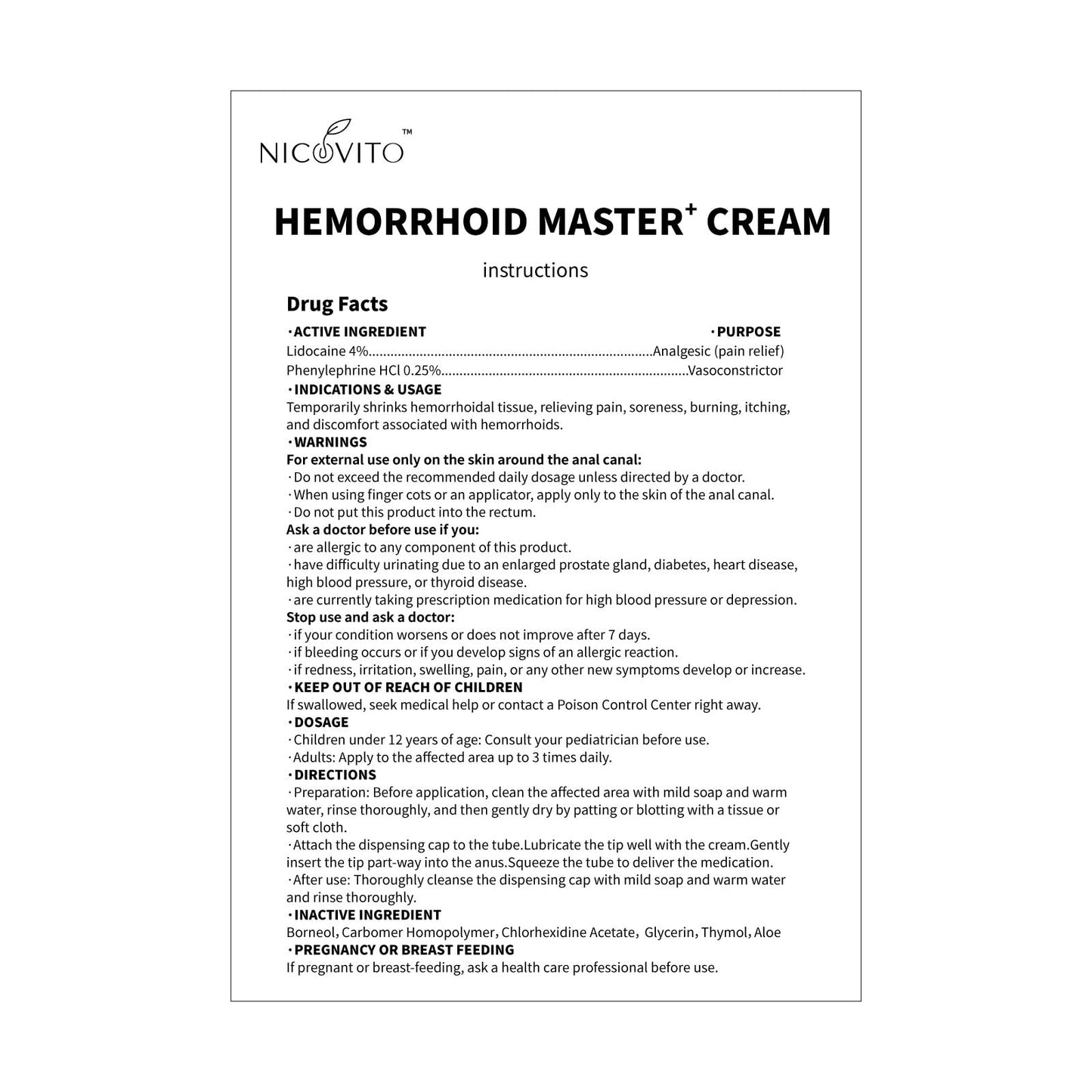 Imported NICOVITO hemorrhoid treatment packaging showing product sizing and botanical ingredients list.