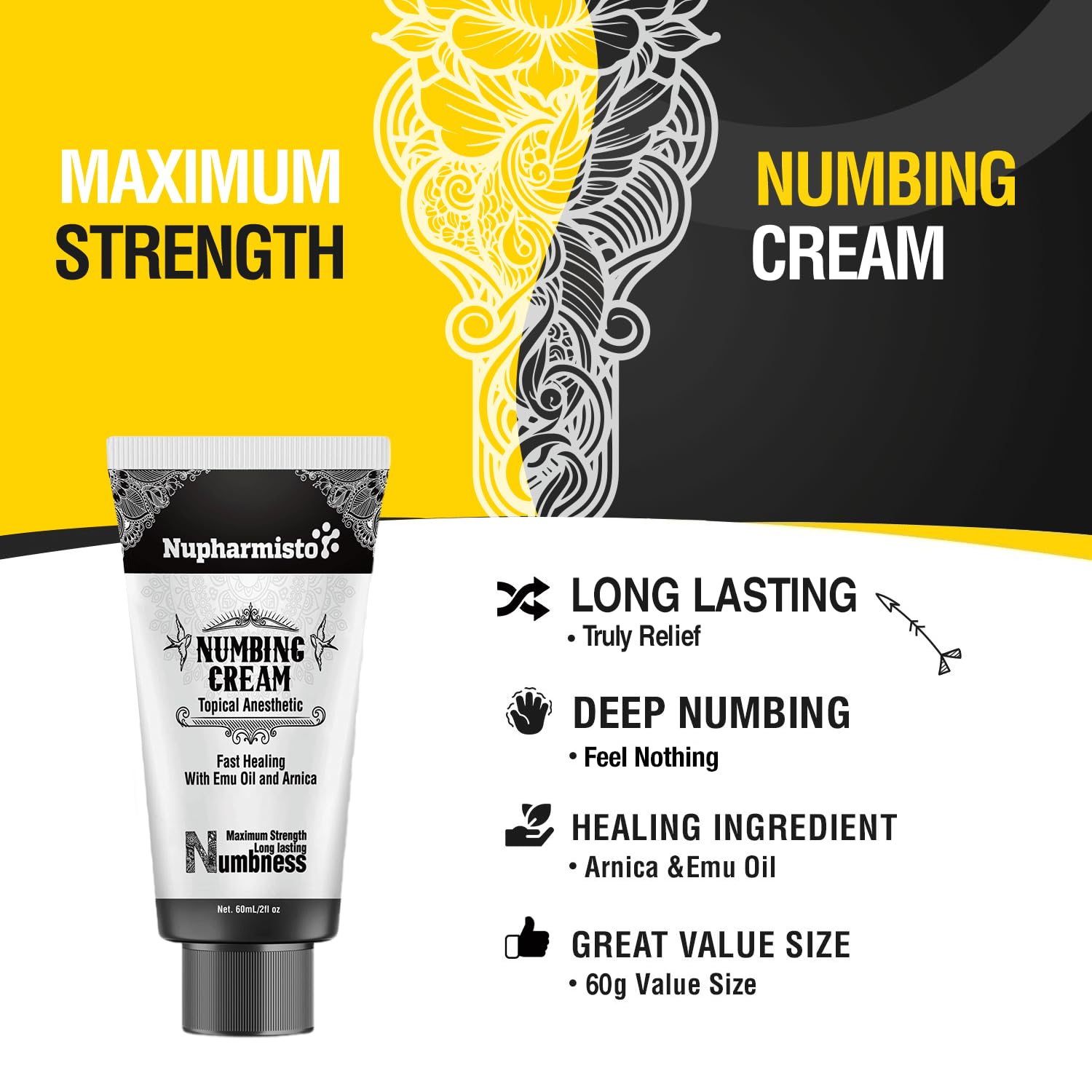 Nupharmisto maximum strength numbing cream with emu oil and arnica ingredients list