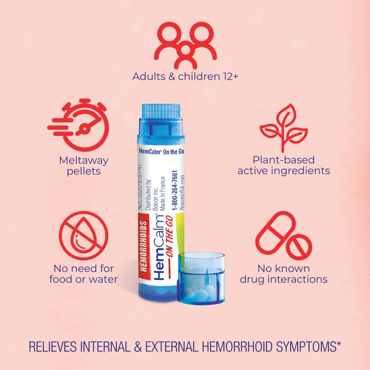 Back label of Boiron HemCalm showing active homeopathic ingredients and drug facts