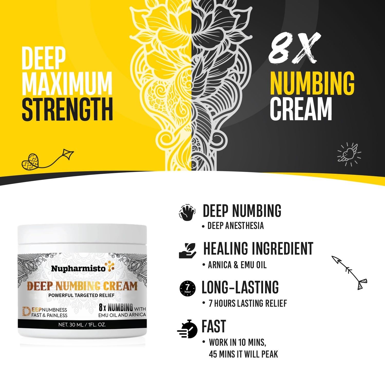 Nupharmisto deep numbing cream container showing instructions for tattoo and piercing prep