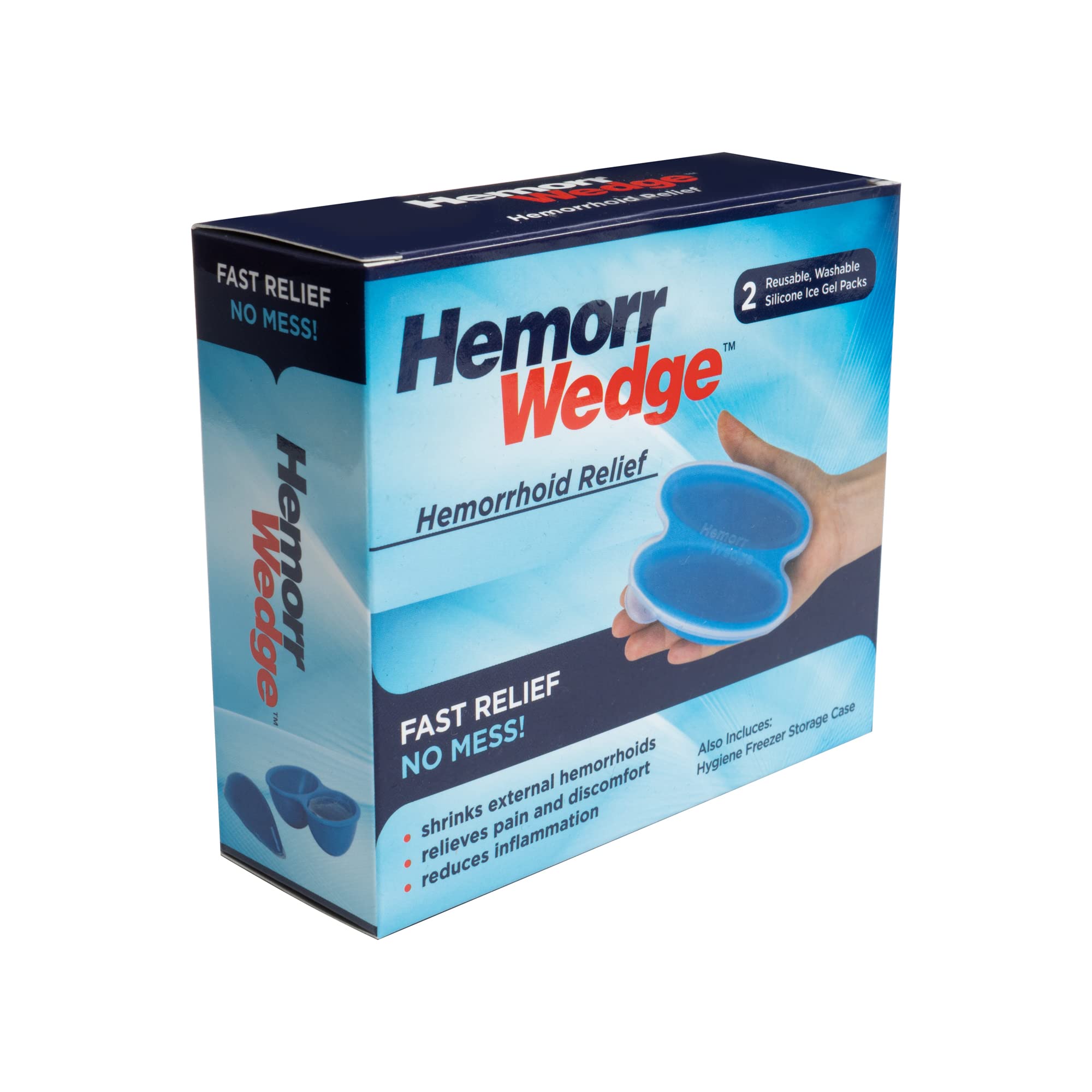 Hemorrwedge twin gel pack set stored securely inside the closed plastic freezer case for hygienic protection