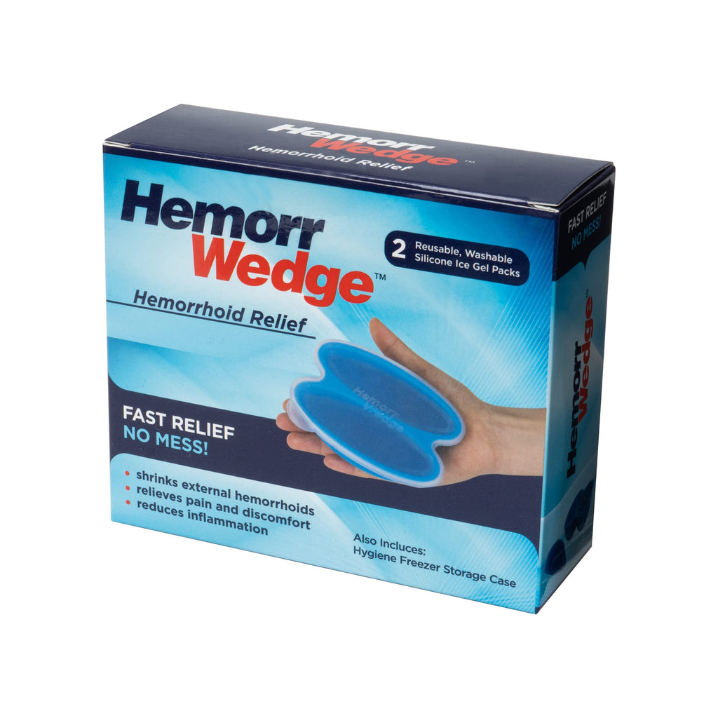 Full packaging of the Hemorrwedge hemorrhoid cooling support kit highlighting the authentic imported twin pack components