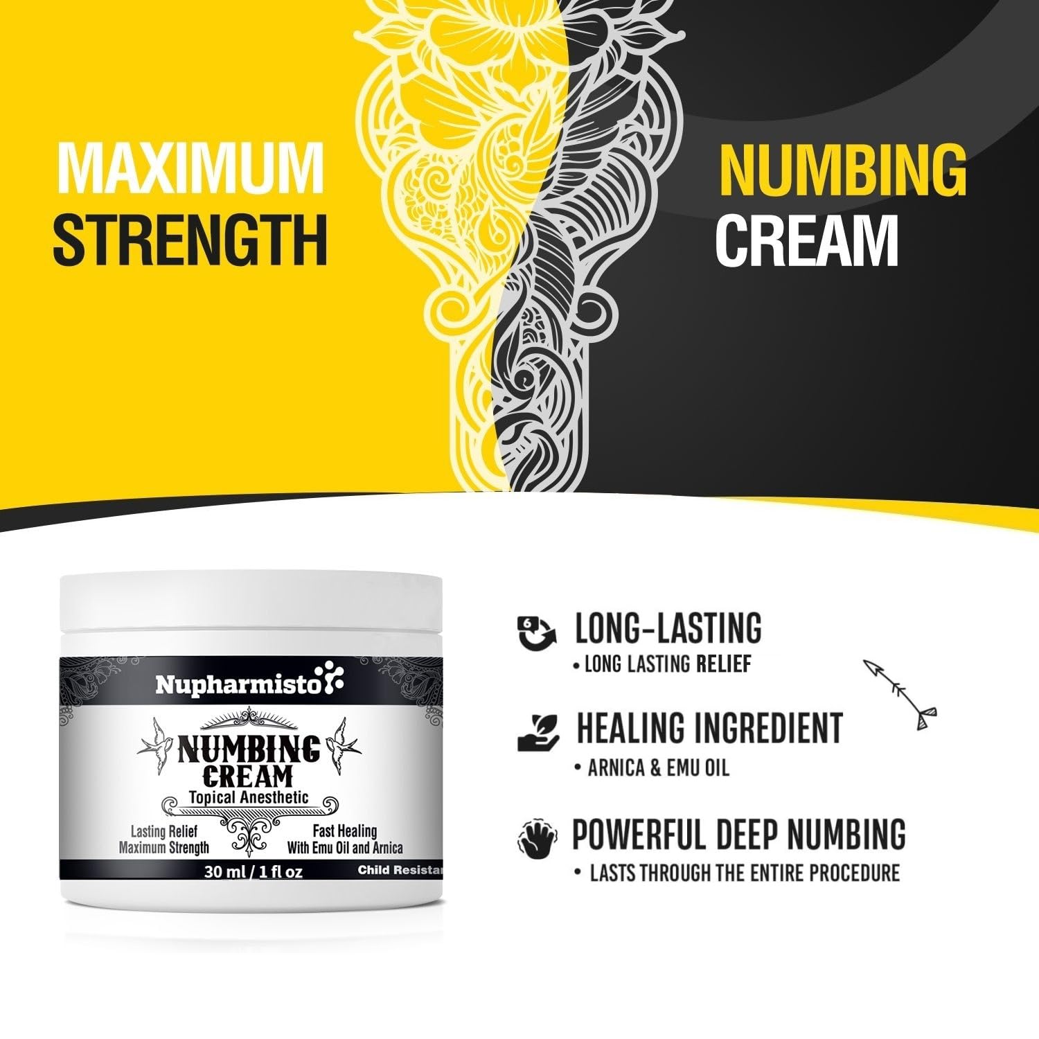 Nupharmisto topical anesthetic cream packaging showing child resistant container features