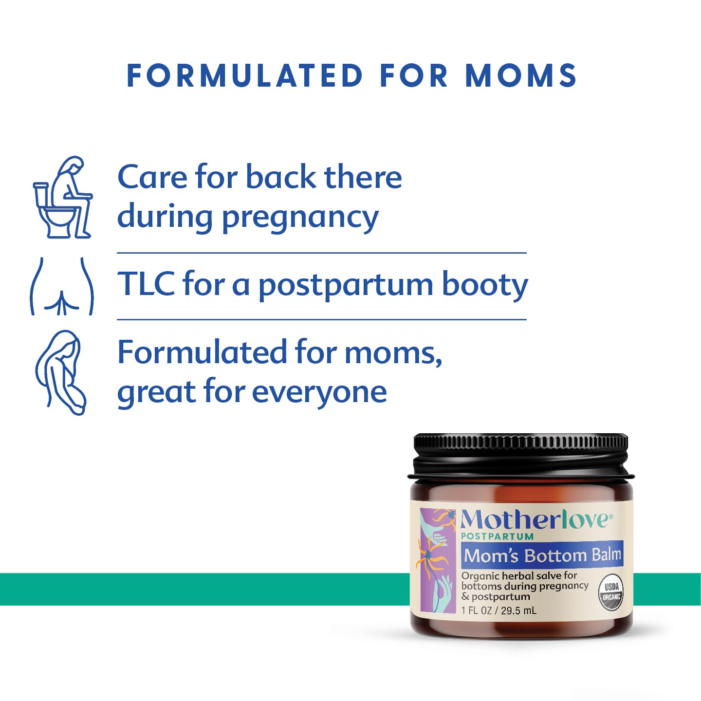 Motherlove Mom's Bottom Balm herbal salve packaging highlighting witch hazel and postpartum relief benefits.