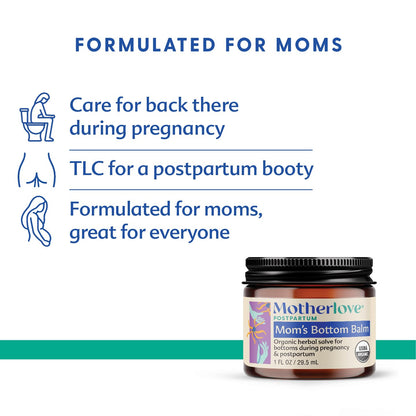Motherlove Mom's Bottom Balm herbal salve packaging highlighting witch hazel and postpartum relief benefits.