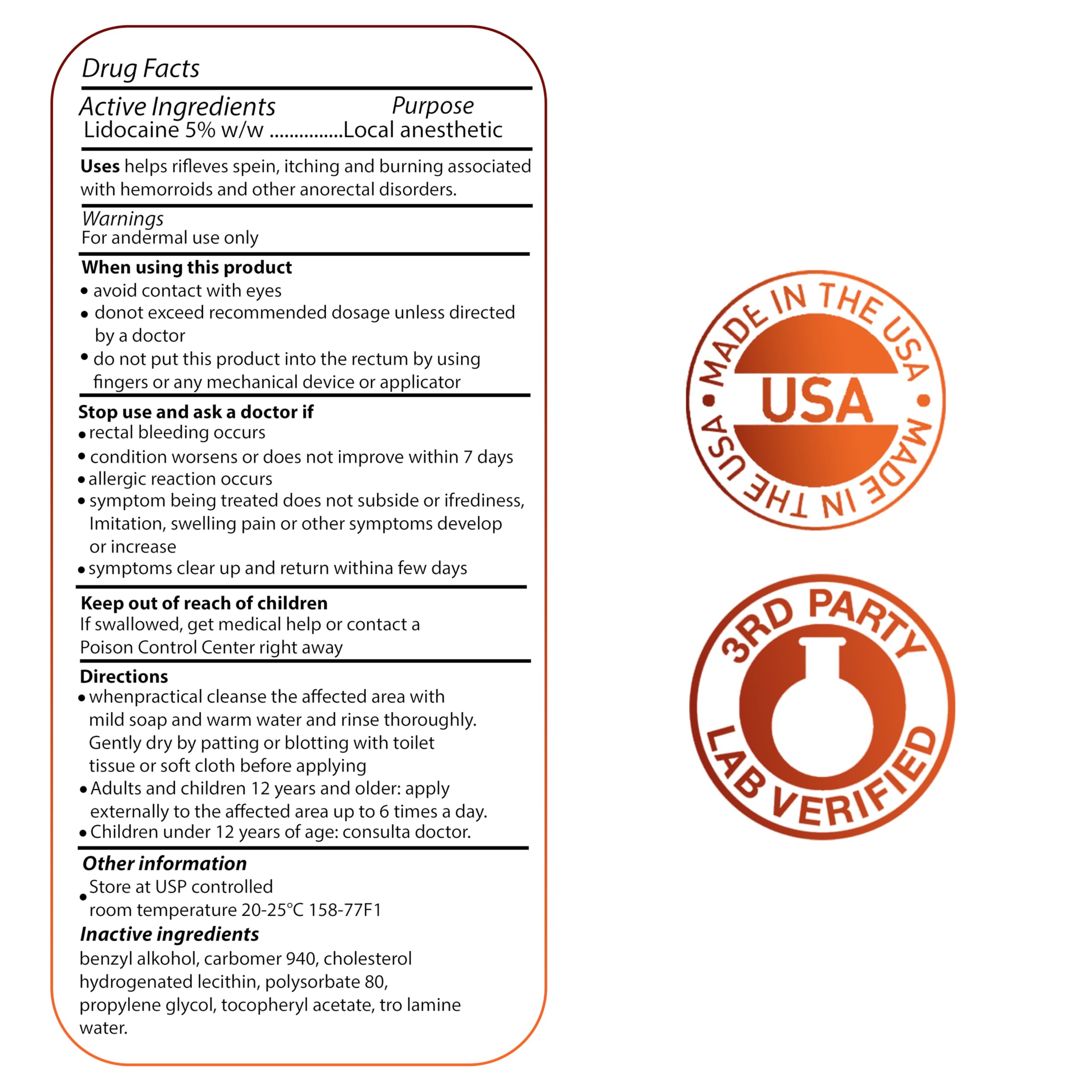 Mohnark USA imported anorectal numbing cream packaging showing active ingredients list.
