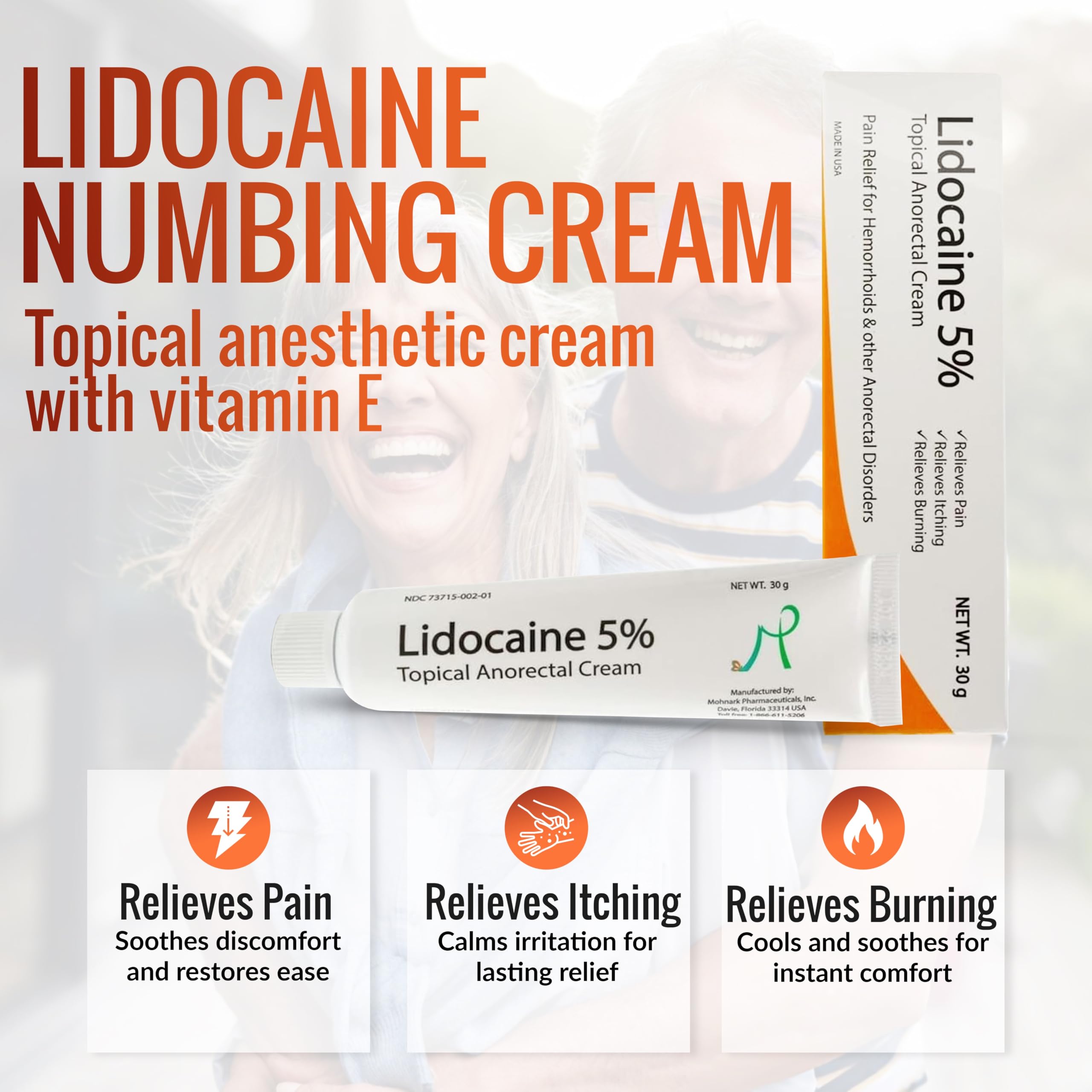 Mohnark 5 percent lidocaine hemorrhoid pain relief cream with internal applicator tip.