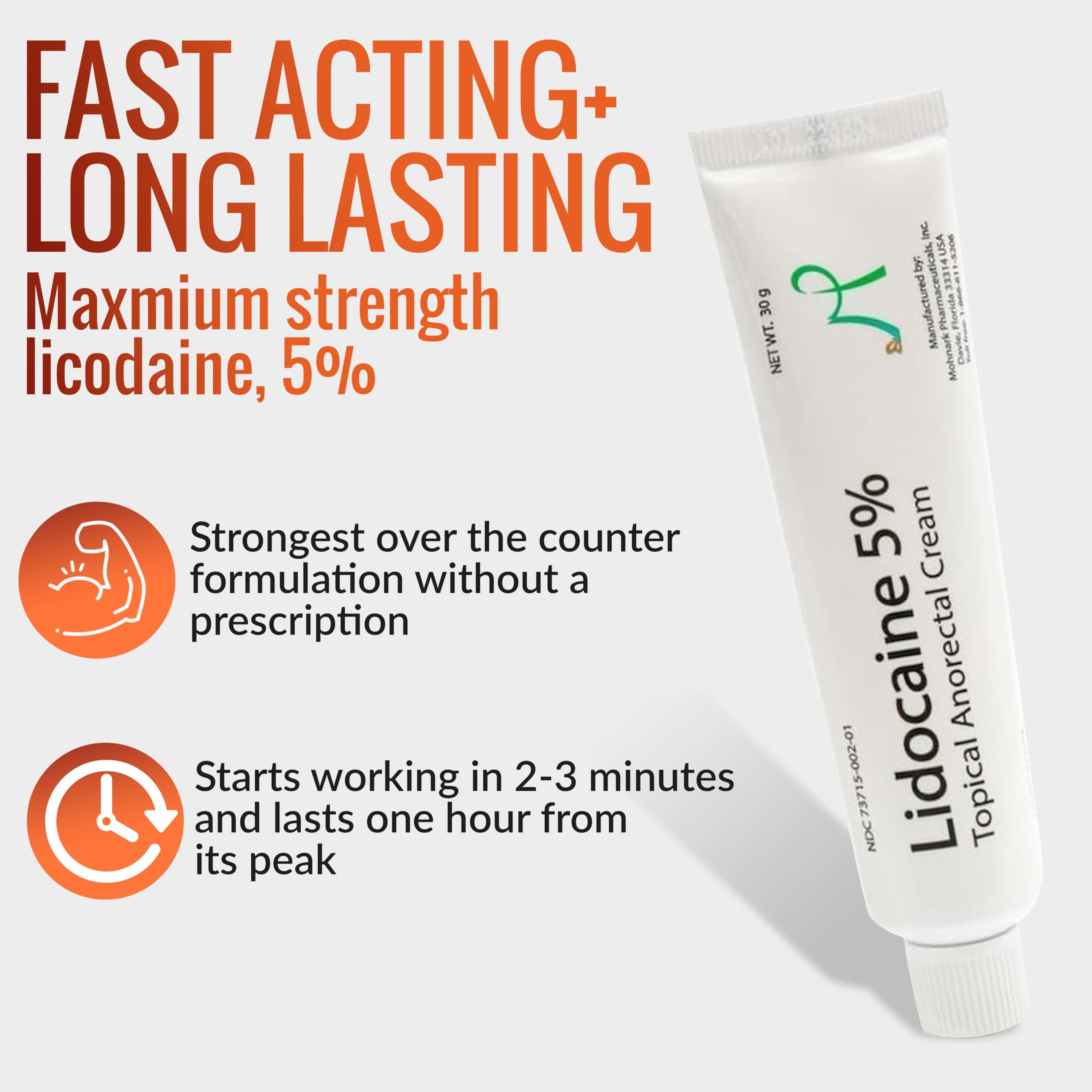 Topical hemorrhoid treatment tube by Mohnark Pharmaceuticals for fast itching and burn relief.