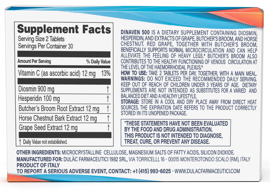 Dinaven 500 Diosmin Hesperidin 60 tablets bottle showing premium packaging