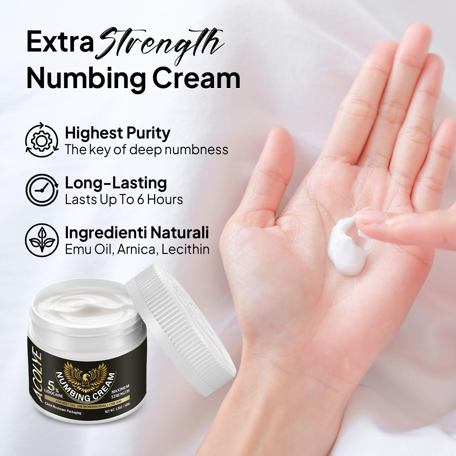 Acolye 5 percent lidocaine local anesthetic packaging showing ingredients menthol arnica and emu oil