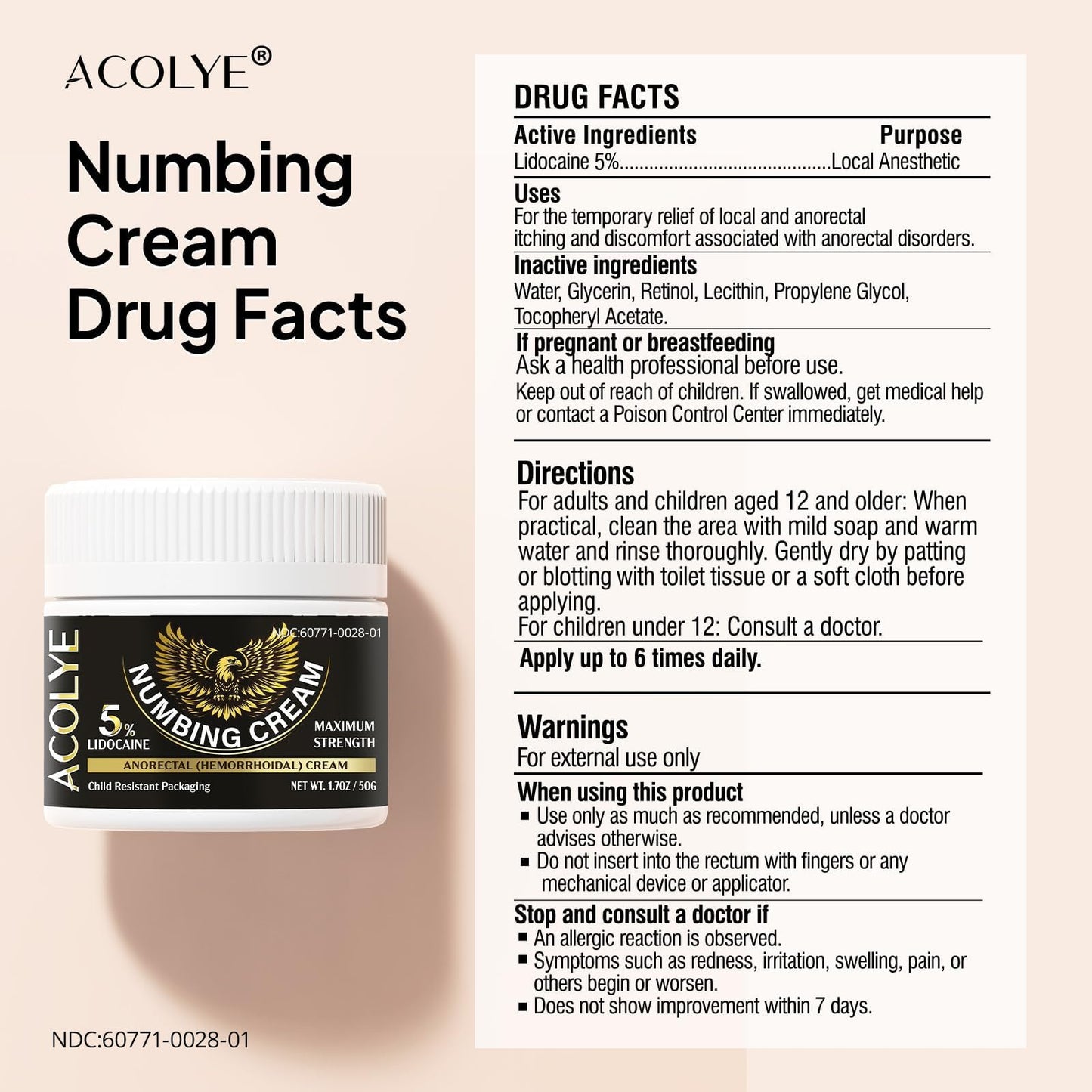Acolye local anesthetic ointment container highlighting long lasting relief formula