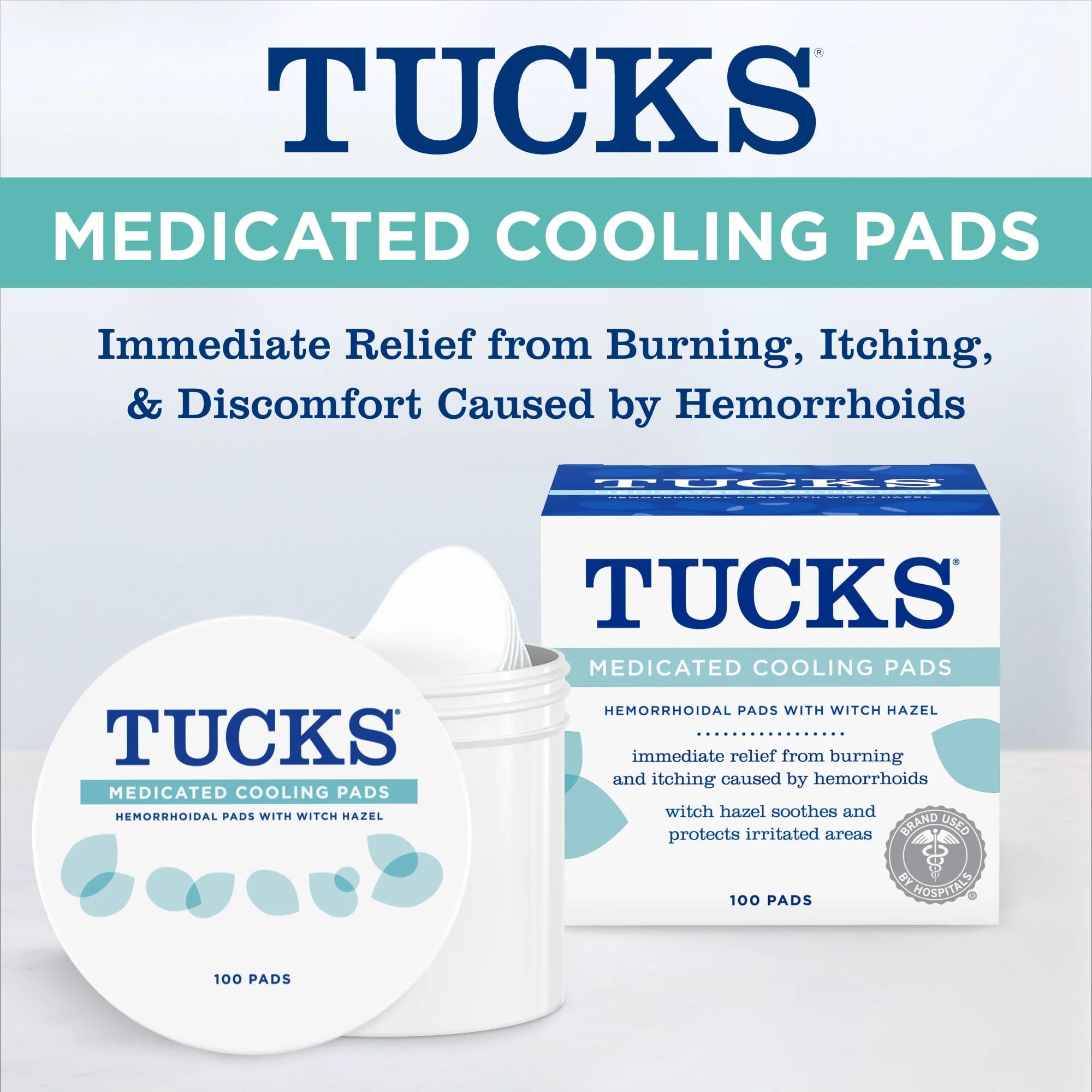 Authentic TUCKS witch hazel pads twin pack container showing product details and benefits.