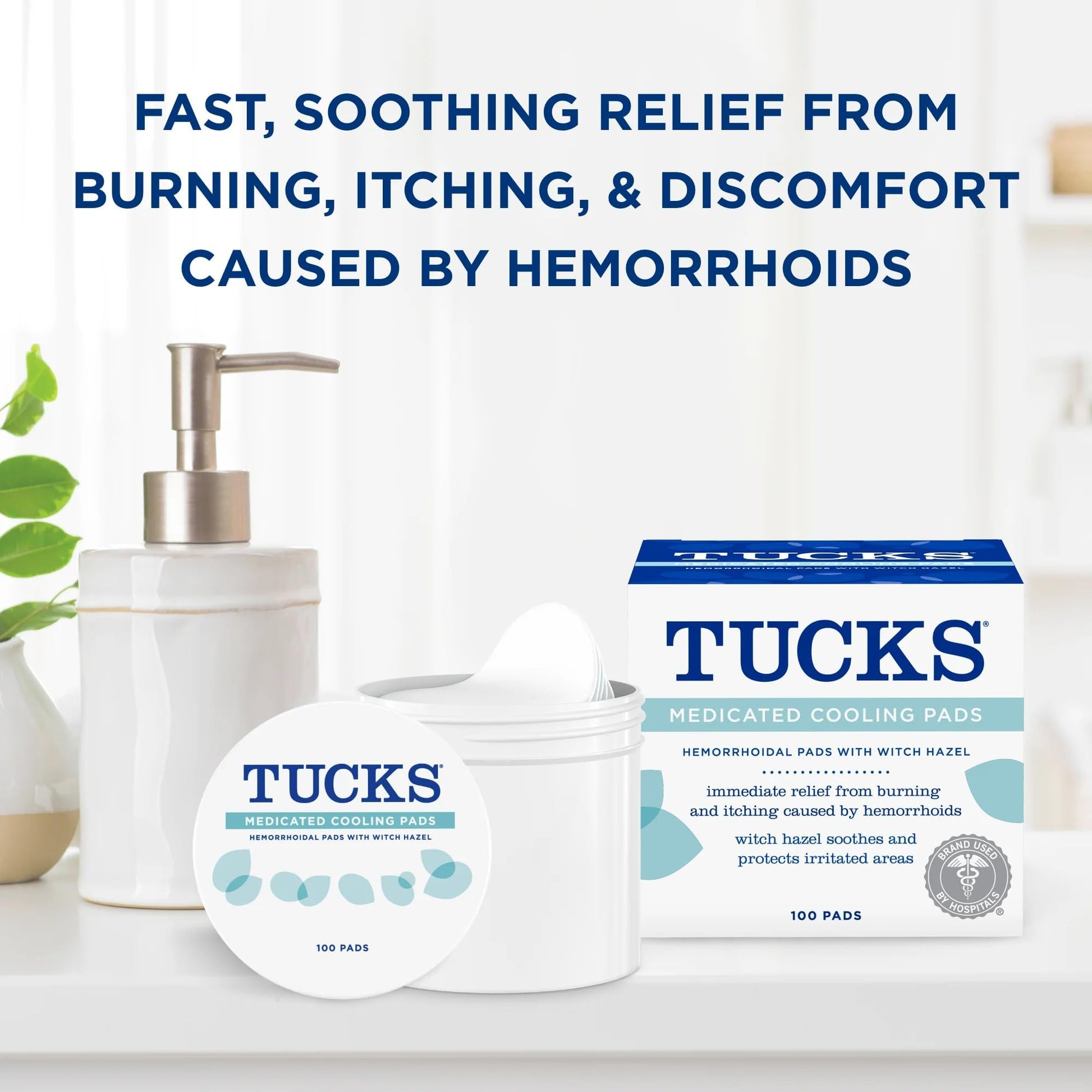 TUCKS medicated cooling pads packaging highlighting the fifty percent witch hazel formula.