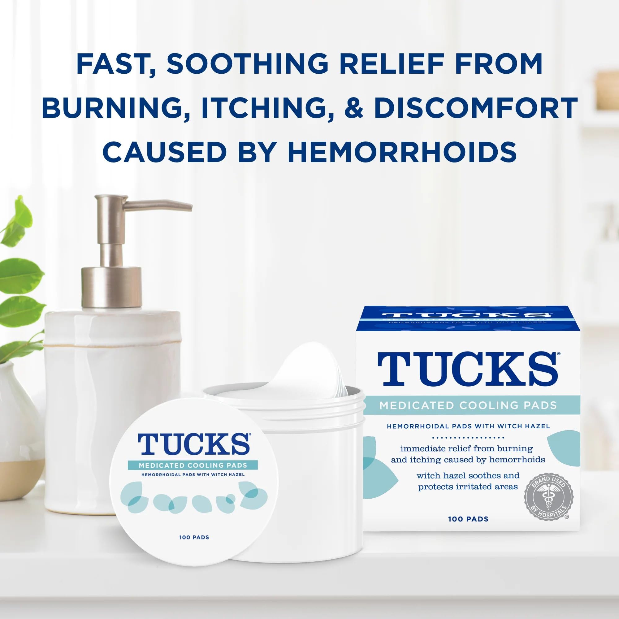 TUCKS medicated cooling pads packaging highlighting the fifty percent witch hazel formula.