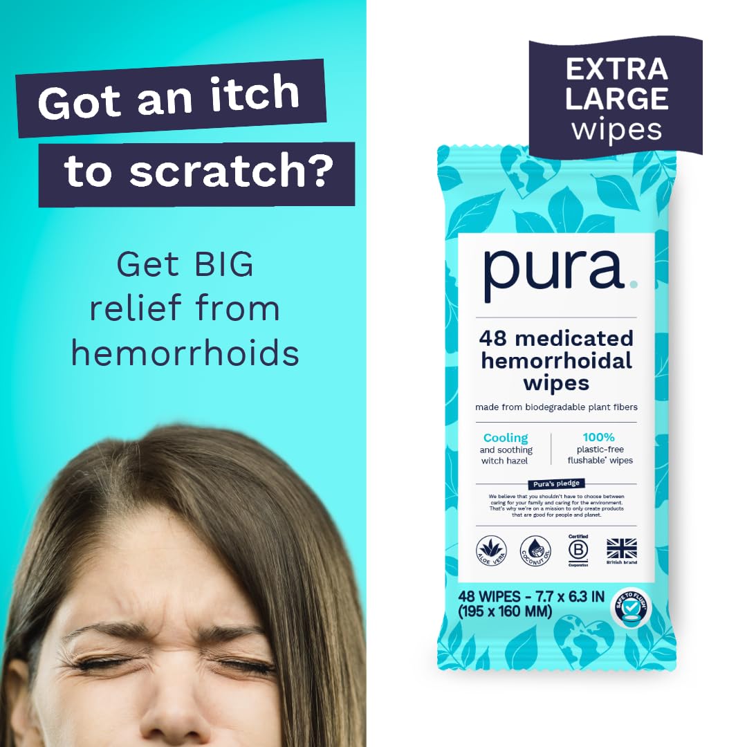 Pura medicated hemorrhoidal wipes pack displaying ingredients like cooling witch hazel aloe vera and coconut oil.