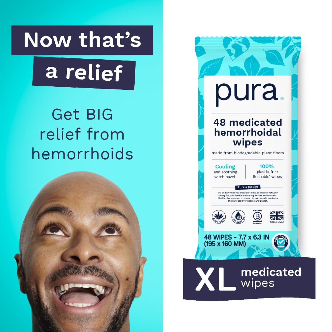 Back of Pura XL flushable wipes package highlighting one hundred percent plastic free and biodegradable certifications.