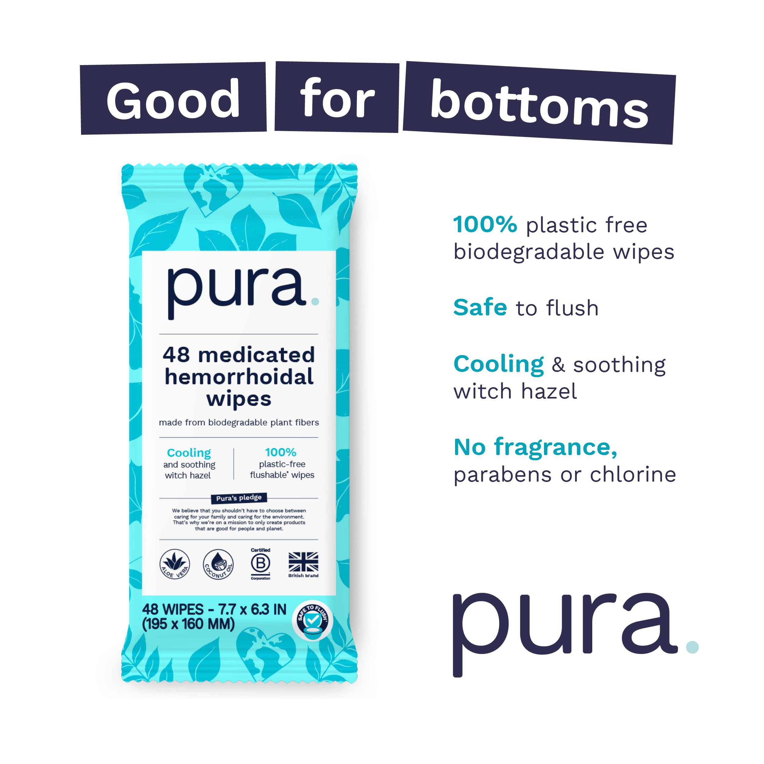 Side view of Pura hemorrhoid wipes container emphasizing the extra large size for fast acting relief.
