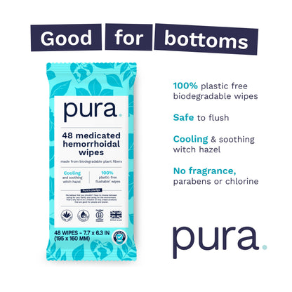 Side view of Pura hemorrhoid wipes container emphasizing the extra large size for fast acting relief.
