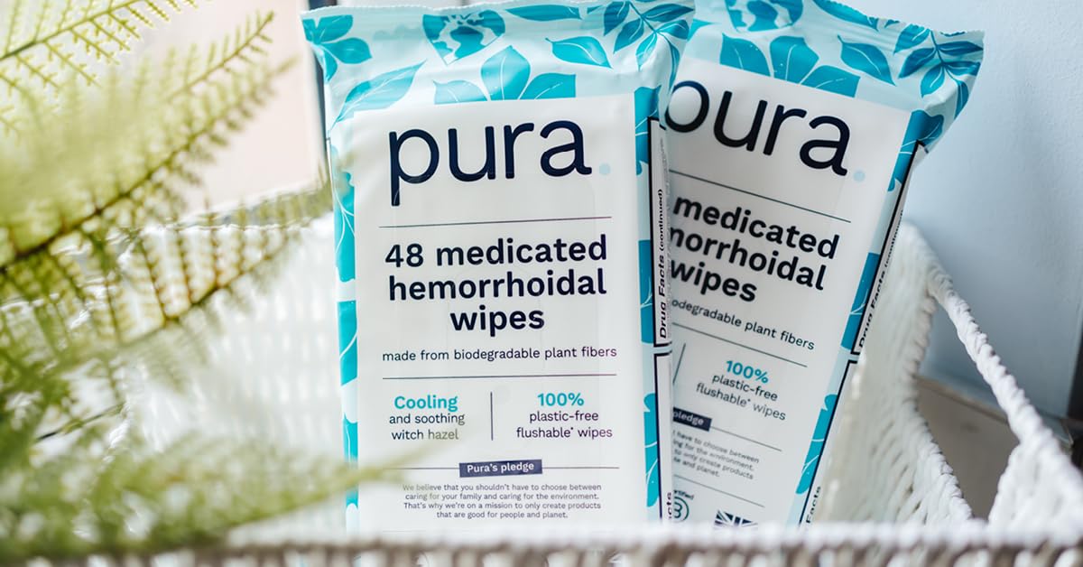 Pura premium wellness hemorrhoidal wipes package detailing the cooling astringent formula for daily care.