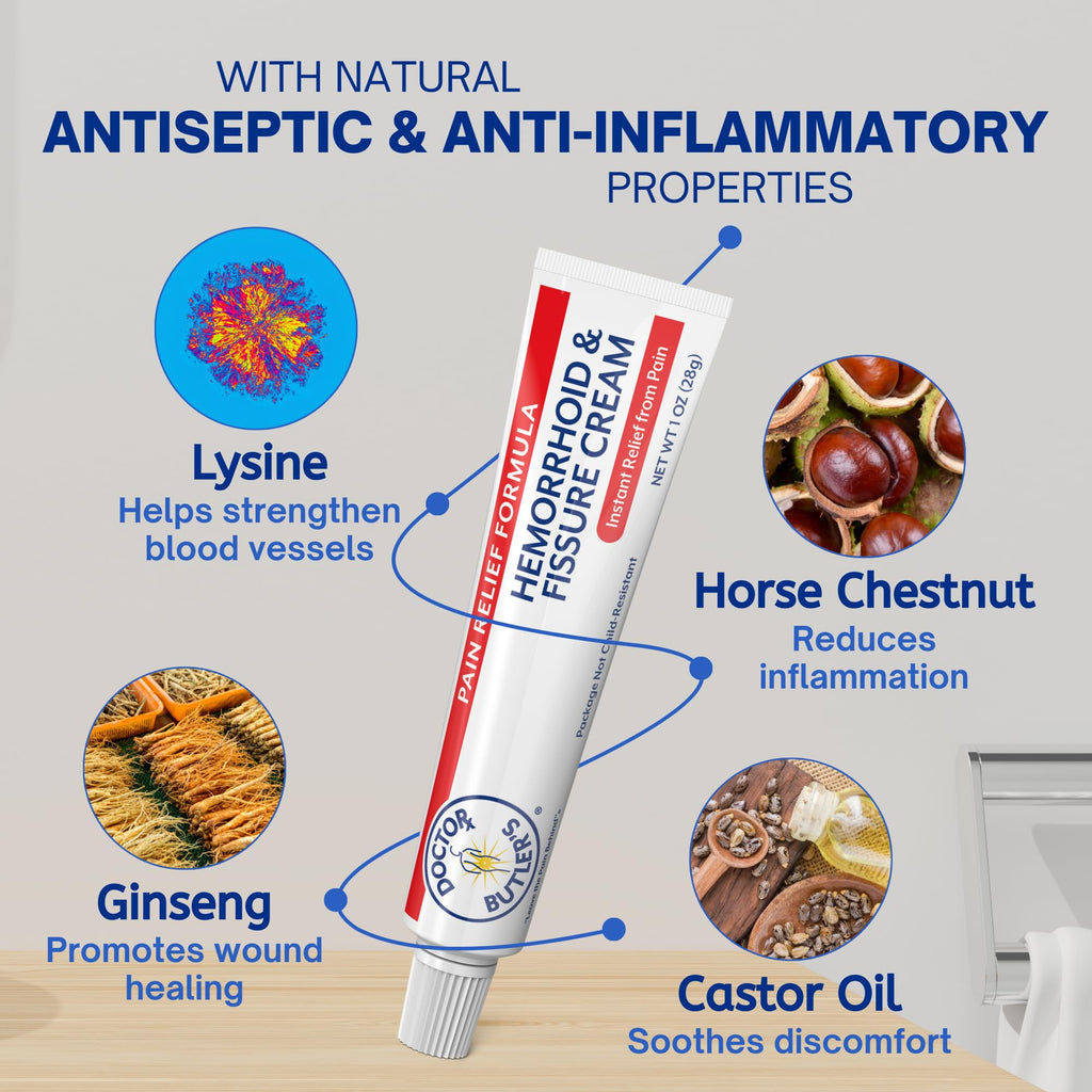 Doctor Butler's fast acting hemorrhoid relief formula with applicator tip included.