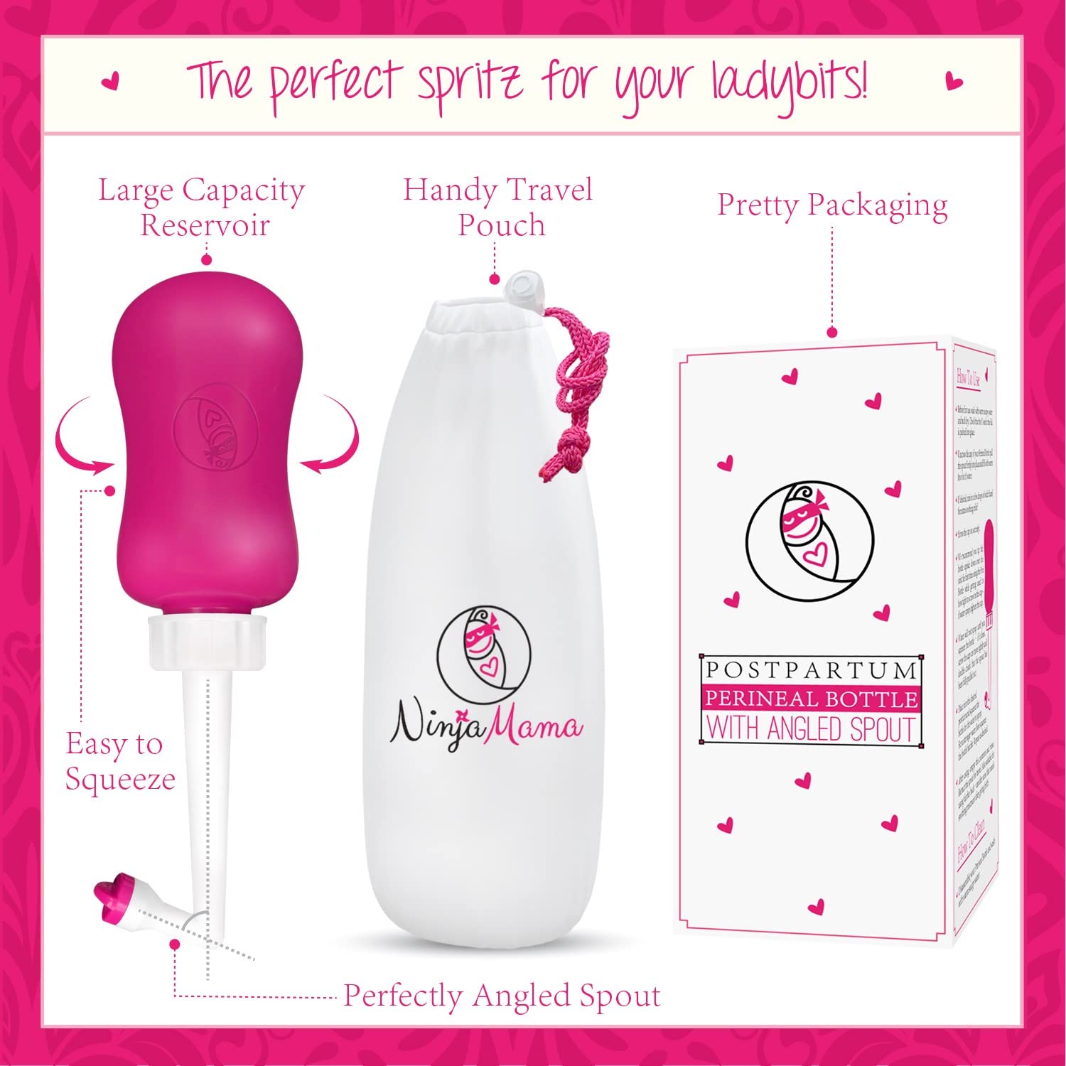 Ninja Mama postpartum perineal bottle extended retractable angled spout close up view.