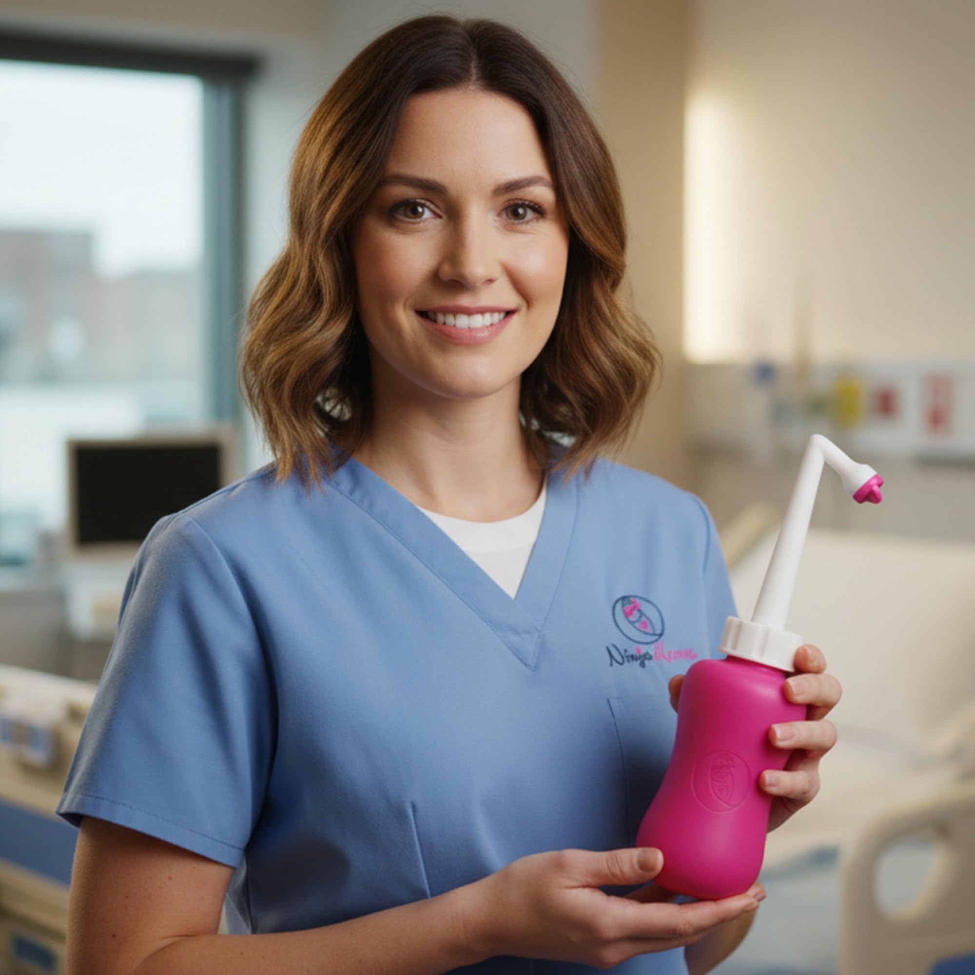 Ninja Mama portable bidet for women showing the 355ml capacity markings and clear plastic body.