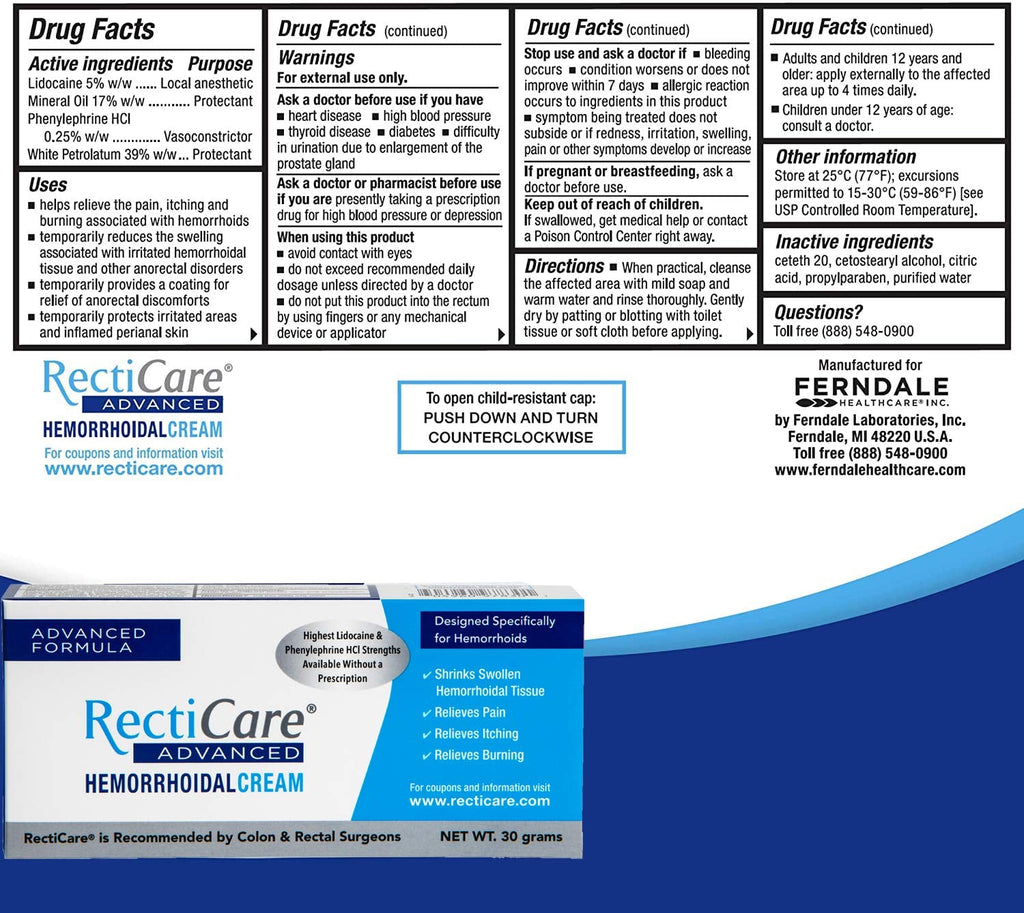 RectiCare Advanced anorectal treatment tube showing active ingredients lidocaine and phenylephrine