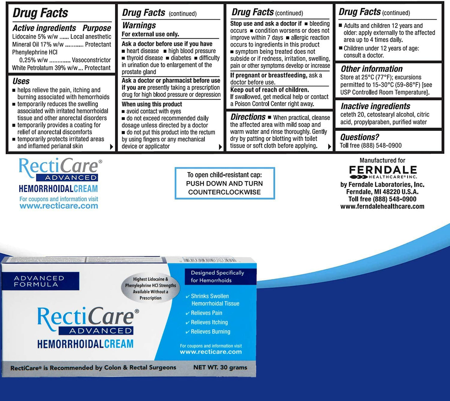RectiCare Advanced anorectal treatment tube showing active ingredients lidocaine and phenylephrine
