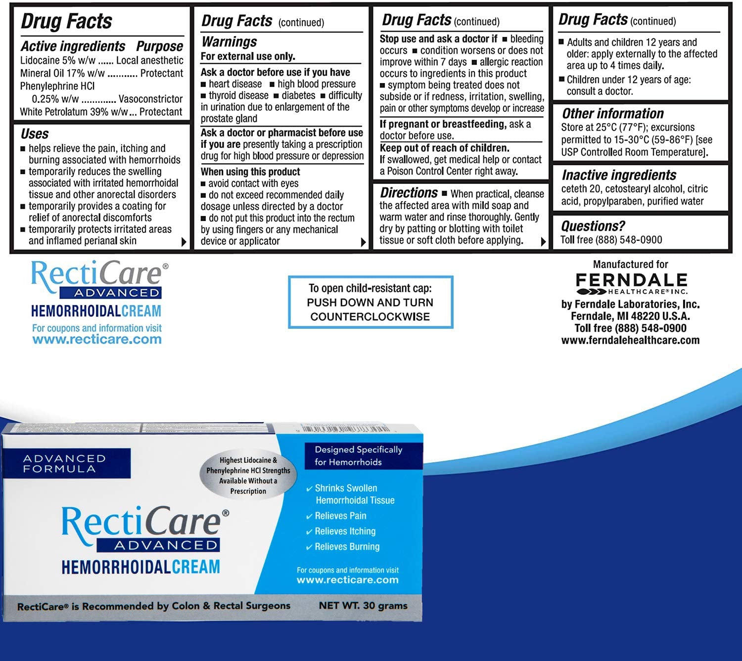 RectiCare Advanced anorectal treatment tube showing active ingredients lidocaine and phenylephrine