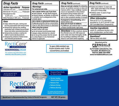 RectiCare Advanced anorectal treatment tube showing active ingredients lidocaine and phenylephrine