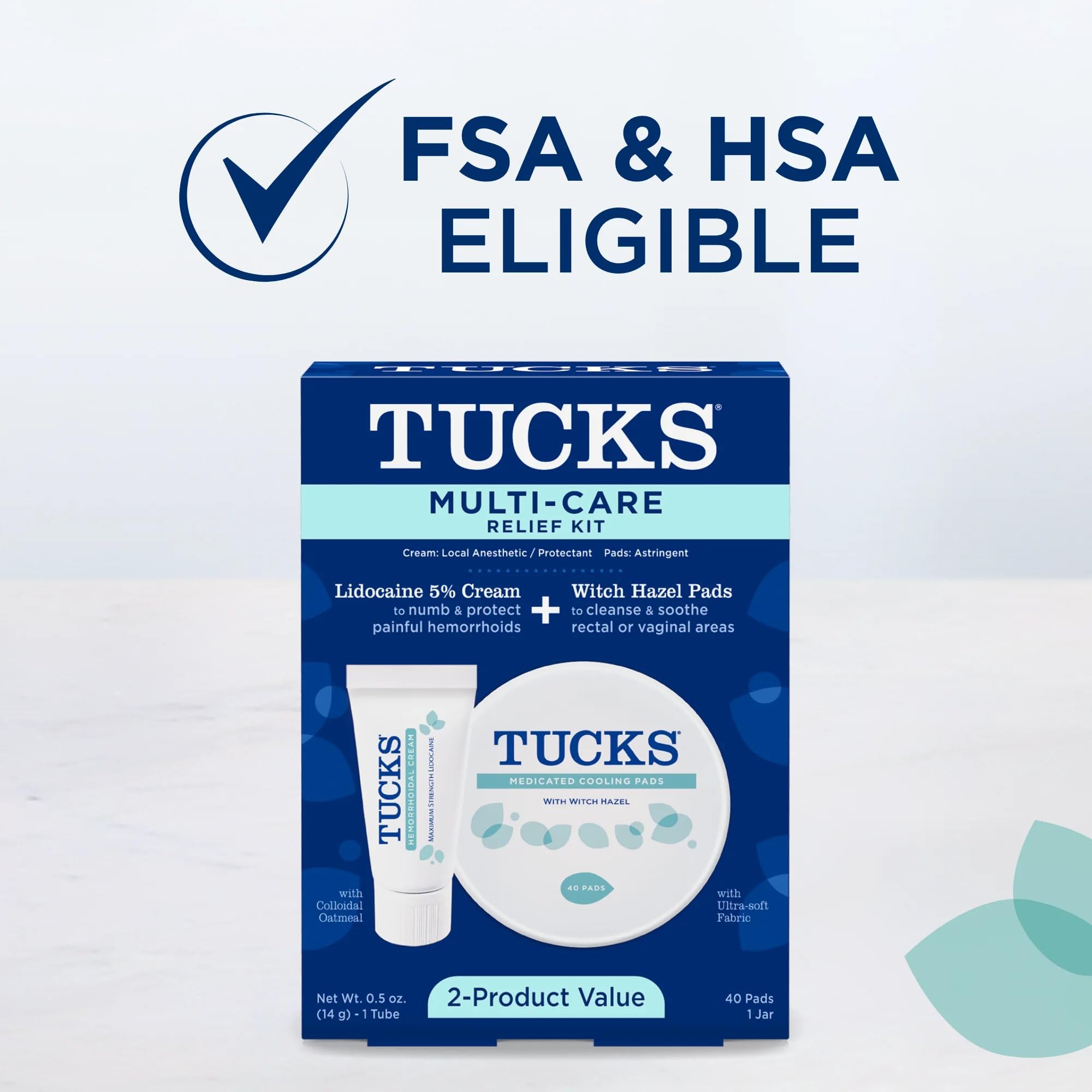 Forty count jar of Tucks medicated witch hazel cooling pads placed next to the topical lidocaine cream tube.